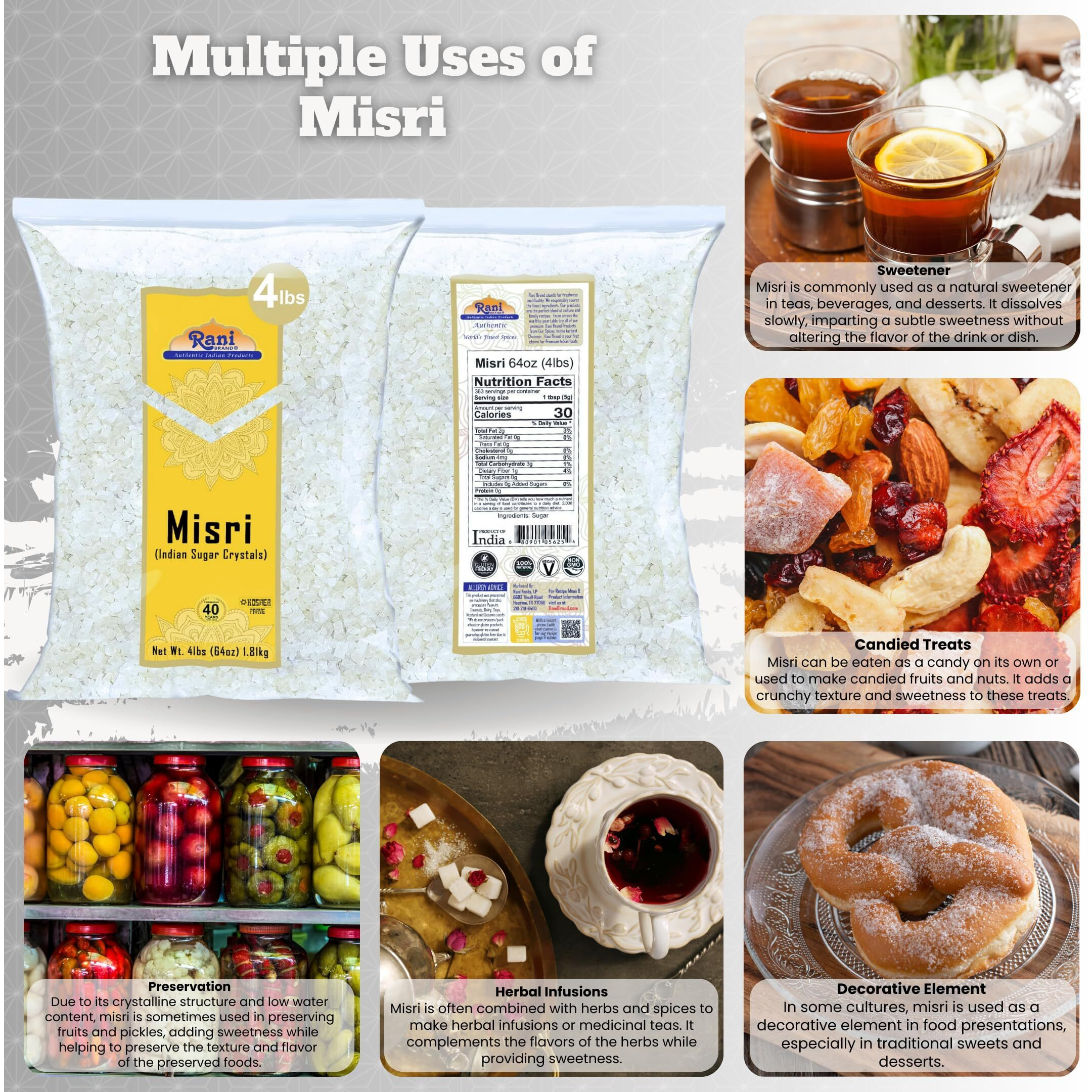Rani Misri (India Sugar Crystals) 64oz (4lbs) 1.81kg ~ All Natural, Gluten Friendly, No Colors, Vegan, Kosher, Indian Origin