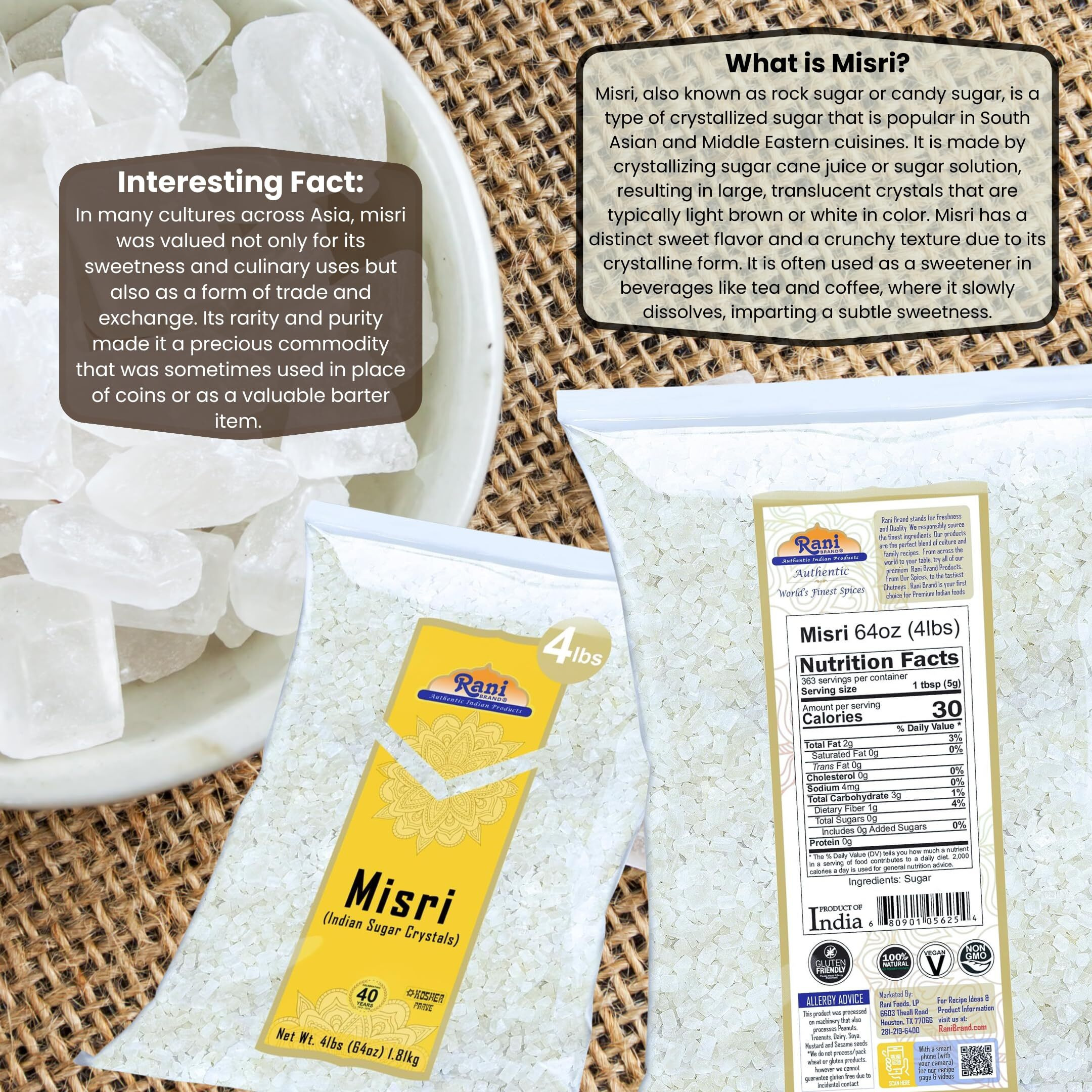 Rani Misri (India Sugar Crystals) 64oz (4lbs) 1.81kg ~ All Natural, Gluten Friendly, No Colors, Vegan, Kosher, Indian Origin