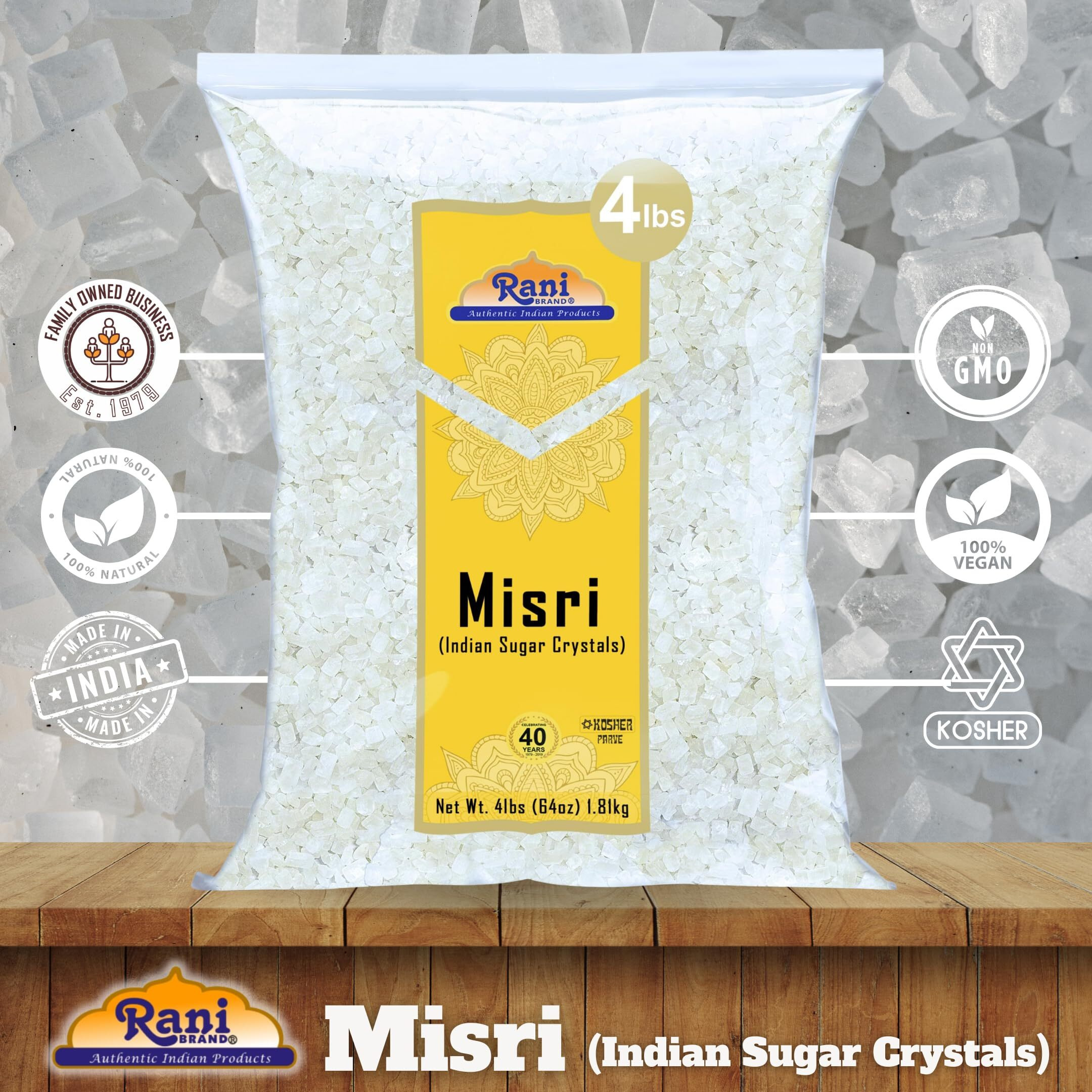 Rani Misri (India Sugar Crystals) 64oz (4lbs) 1.81kg ~ All Natural, Gluten Friendly, No Colors, Vegan, Kosher, Indian Origin