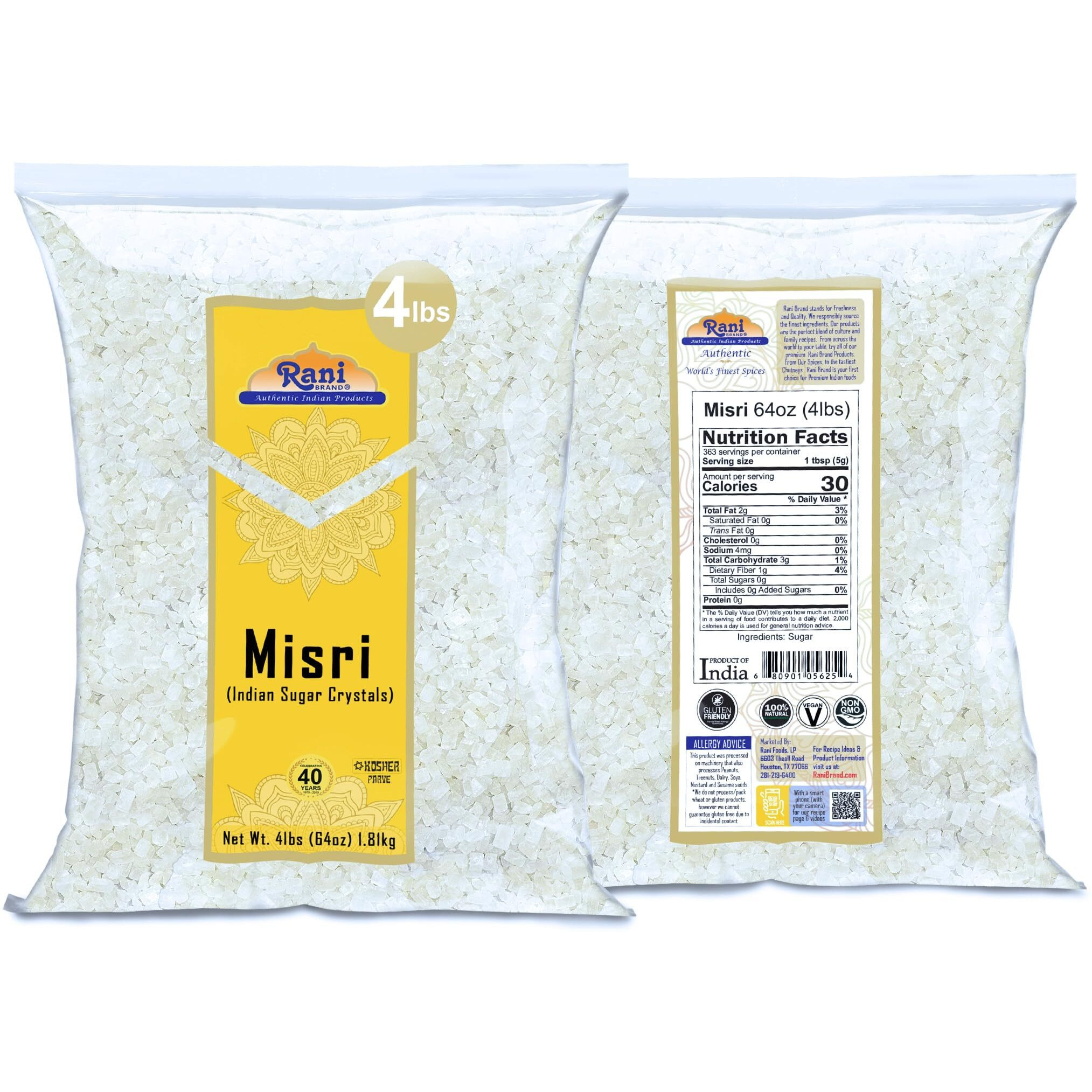 Rani Misri (India Sugar Crystals) 64oz (4lbs) 1.81kg ~ All Natural, Gluten Friendly, No Colors, Vegan, Kosher, Indian Origin