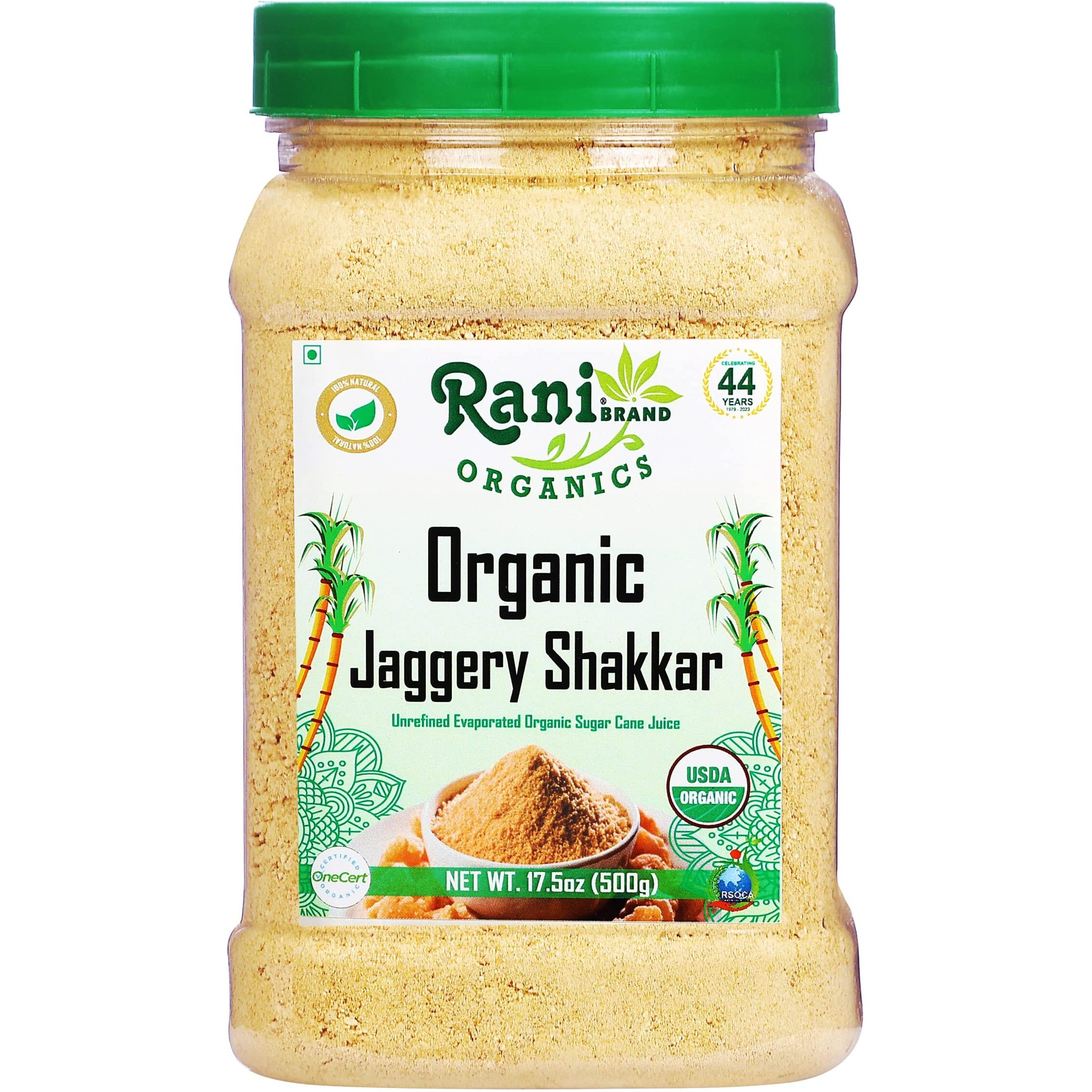 Rani Organic Jaggery Shakkar (Unrefined Evaporated Organic Sugar Cane Juice) 17.5oz (1.1lbs) 500g PET Jar ~ Gluten Friendly, Vegan, NON-GMO, No Salt or fillers, USDA Certified Organic