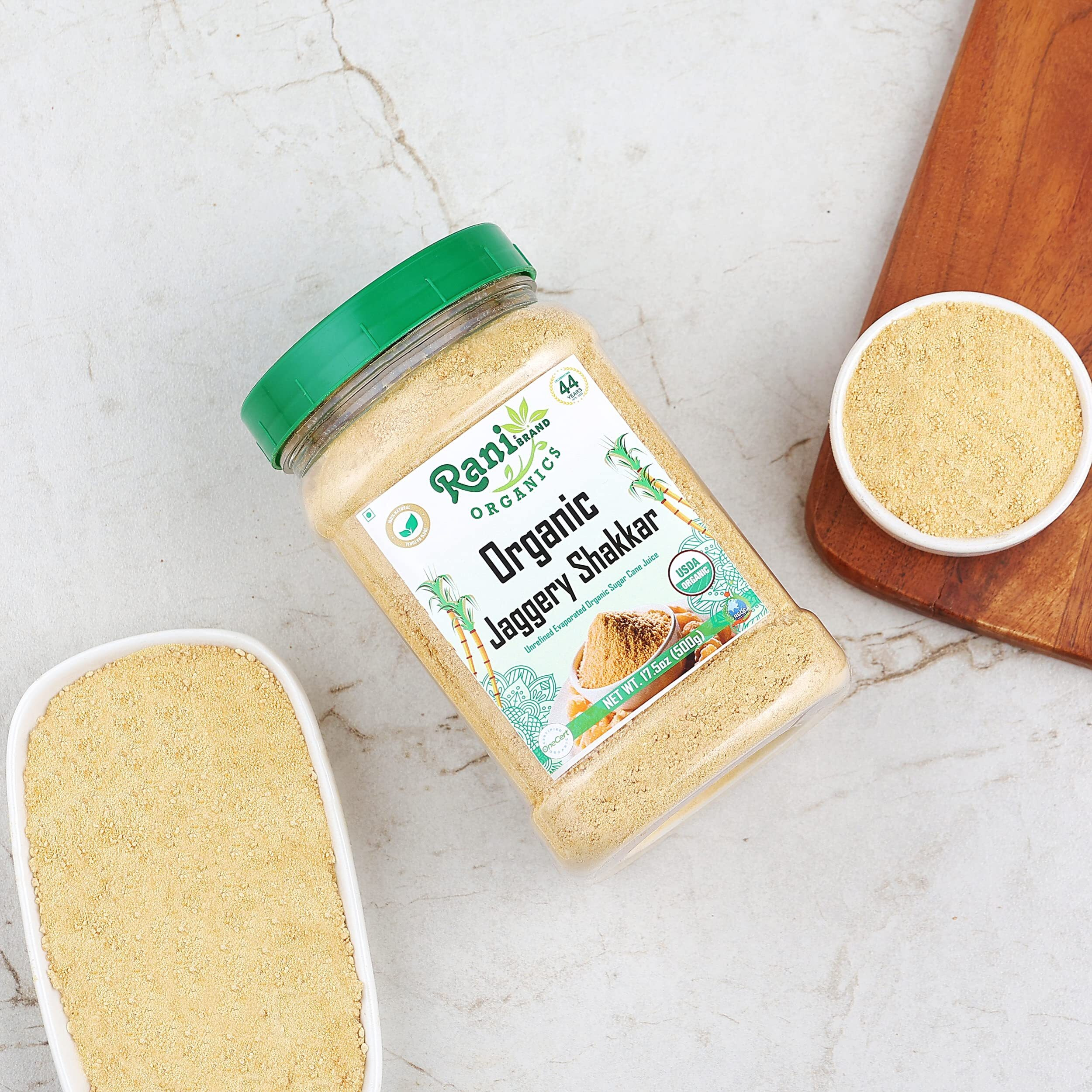 Rani Organic Jaggery Shakkar (Unrefined Evaporated Organic Sugar Cane Juice) 17.5oz (1.1lbs) 500g PET Jar ~ Gluten Friendly, Vegan, NON-GMO, No Salt or fillers, USDA Certified Organic