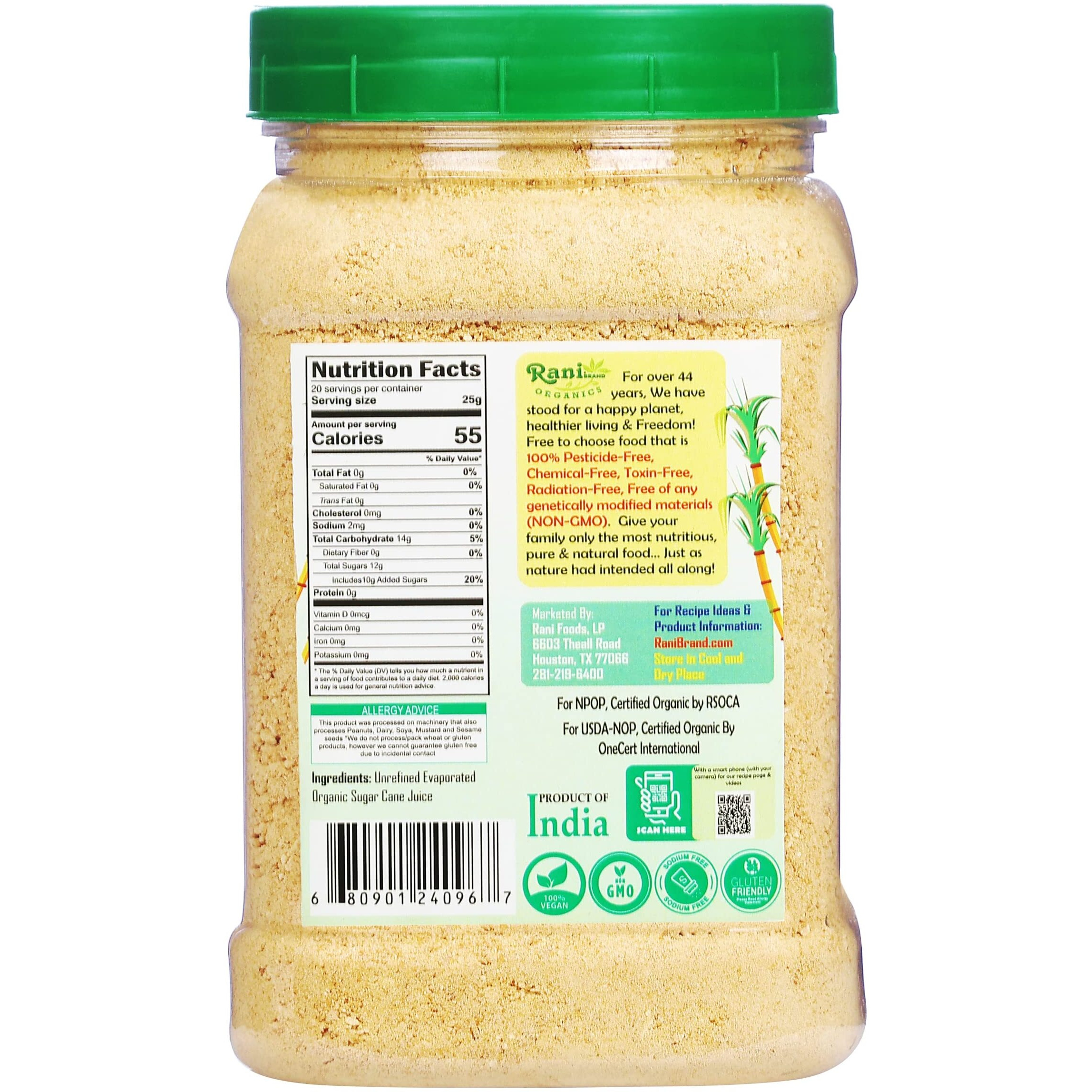Rani Organic Jaggery Shakkar (Unrefined Evaporated Organic Sugar Cane Juice) 17.5oz (1.1lbs) 500g PET Jar ~ Gluten Friendly, Vegan, NON-GMO, No Salt or fillers, USDA Certified Organic