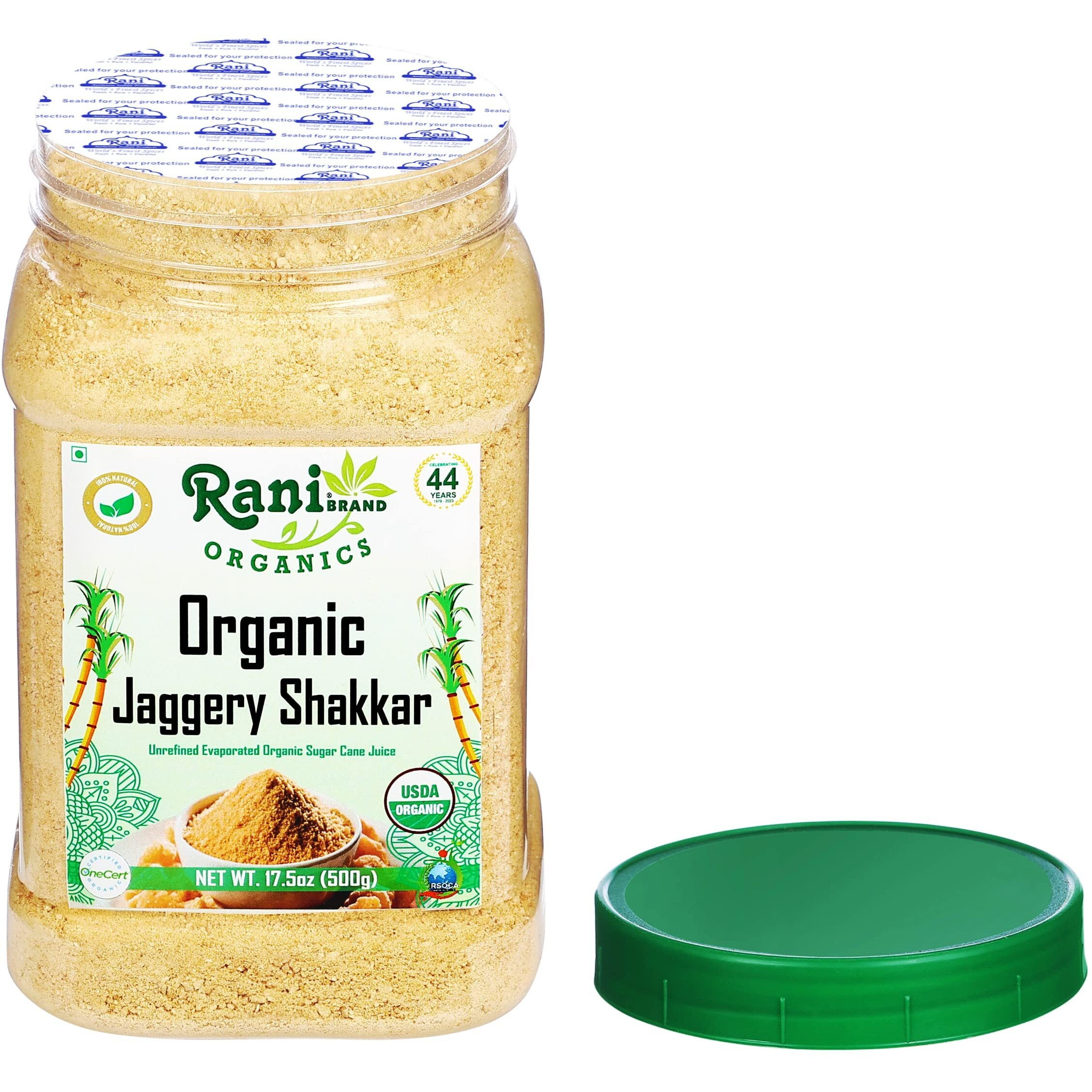 Rani Organic Jaggery Shakkar (Unrefined Evaporated Organic Sugar Cane Juice) 17.5oz (1.1lbs) 500g PET Jar ~ Gluten Friendly, Vegan, NON-GMO, No Salt or fillers, USDA Certified Organic