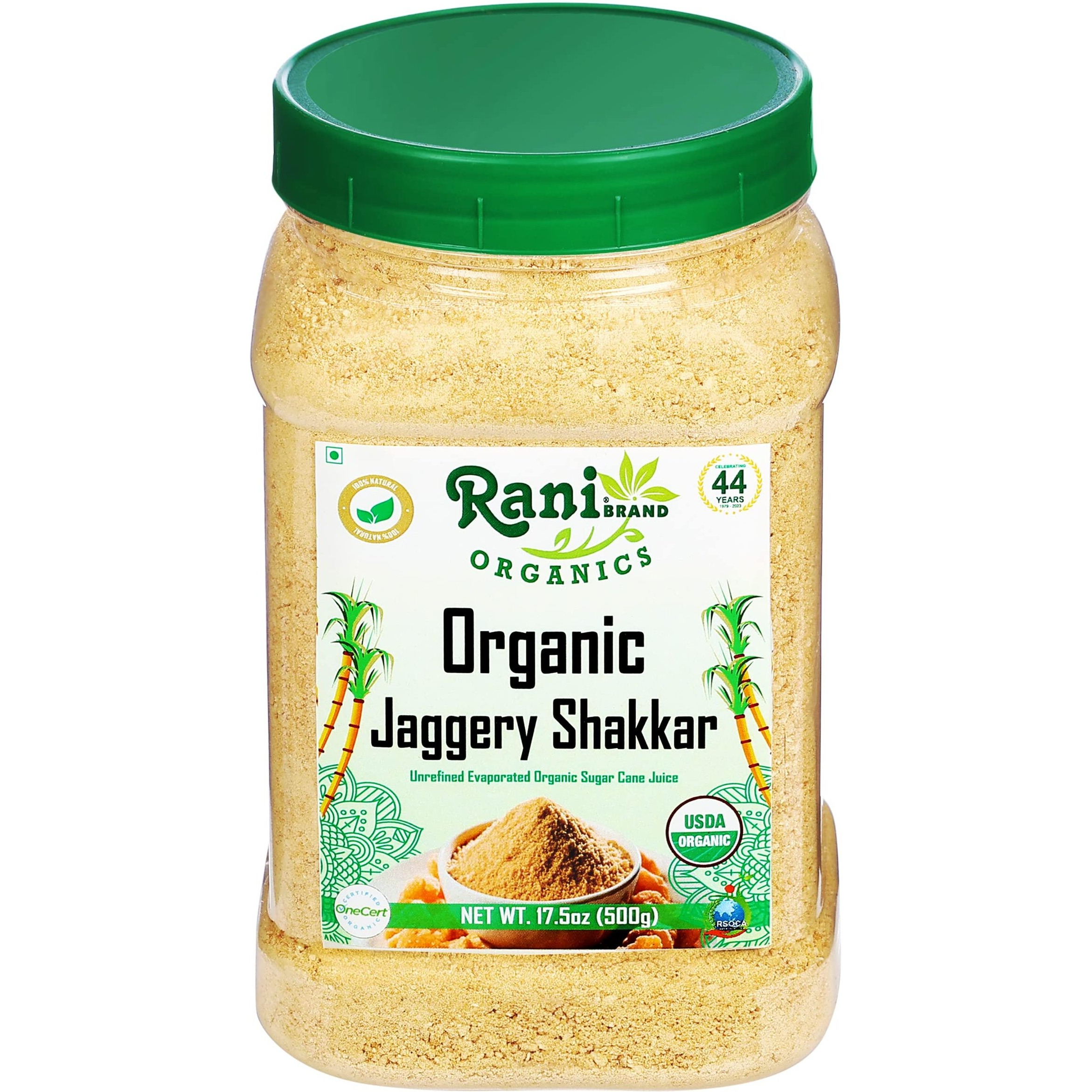 Rani Organic Jaggery Shakkar (Unrefined Evaporated Organic Sugar Cane Juice) 17.5oz (1.1lbs) 500g PET Jar ~ Gluten Friendly, Vegan, NON-GMO, No Salt or fillers, USDA Certified Organic