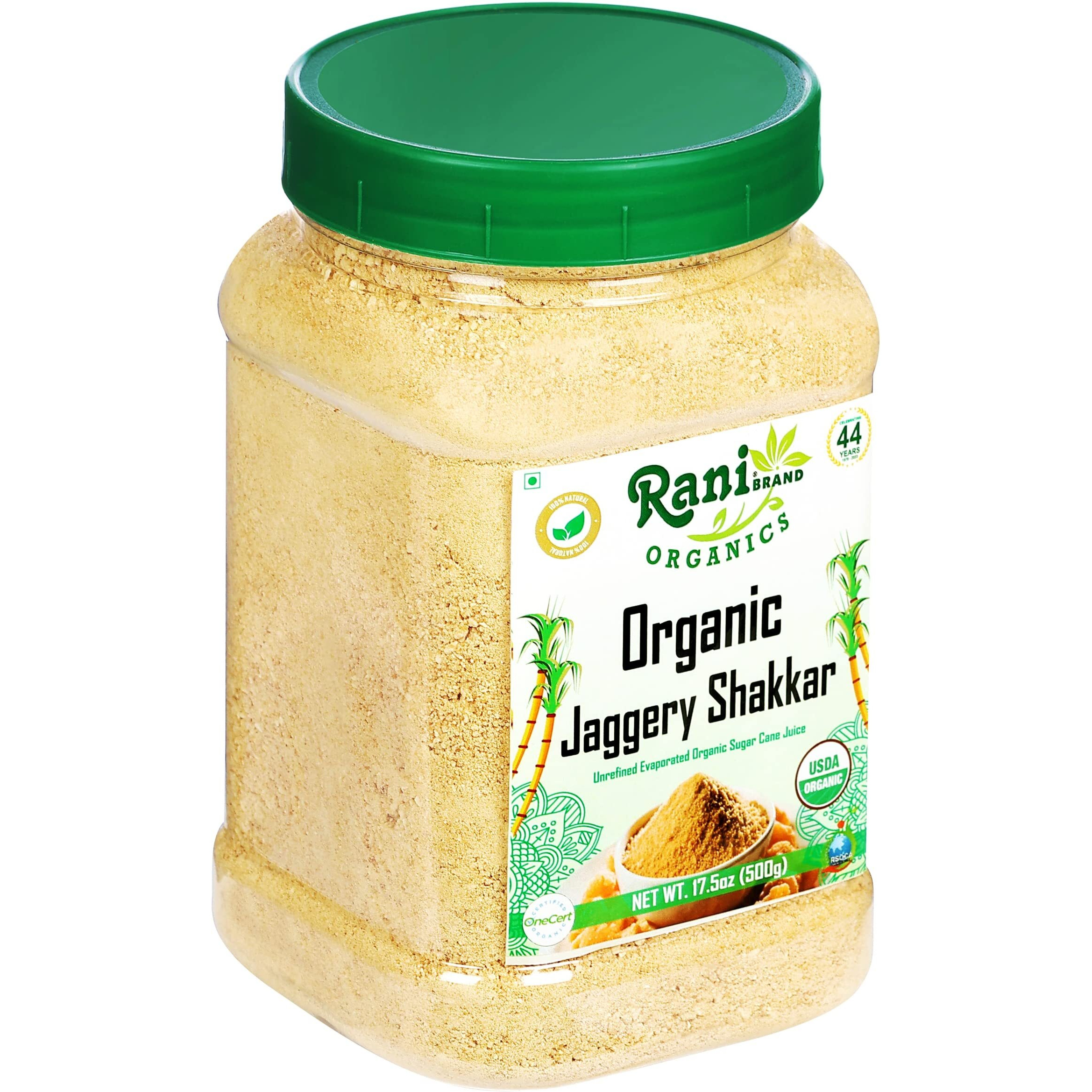 Rani Organic Jaggery Shakkar (Unrefined Evaporated Organic Sugar Cane Juice) 17.5oz (1.1lbs) 500g PET Jar ~ Gluten Friendly, Vegan, NON-GMO, No Salt or fillers, USDA Certified Organic