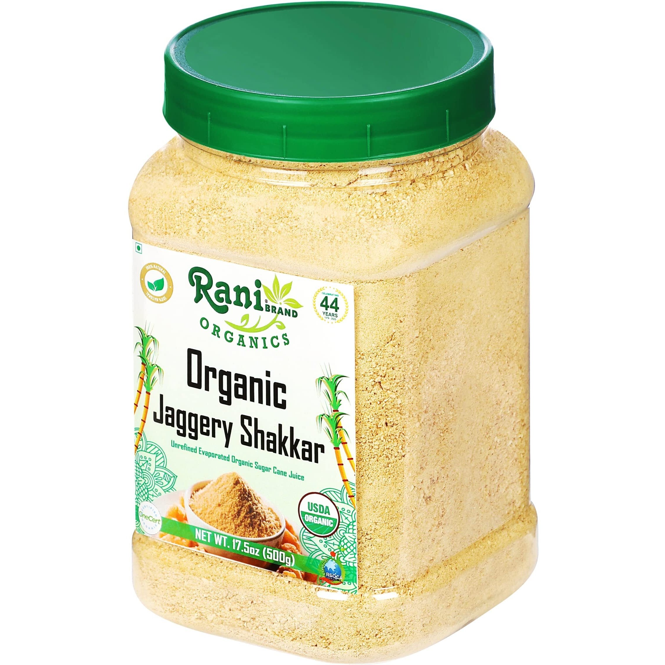 Rani Organic Jaggery Shakkar (Unrefined Evaporated Organic Sugar Cane Juice) 17.5oz (1.1lbs) 500g PET Jar ~ Gluten Friendly, Vegan, NON-GMO, No Salt or fillers, USDA Certified Organic
