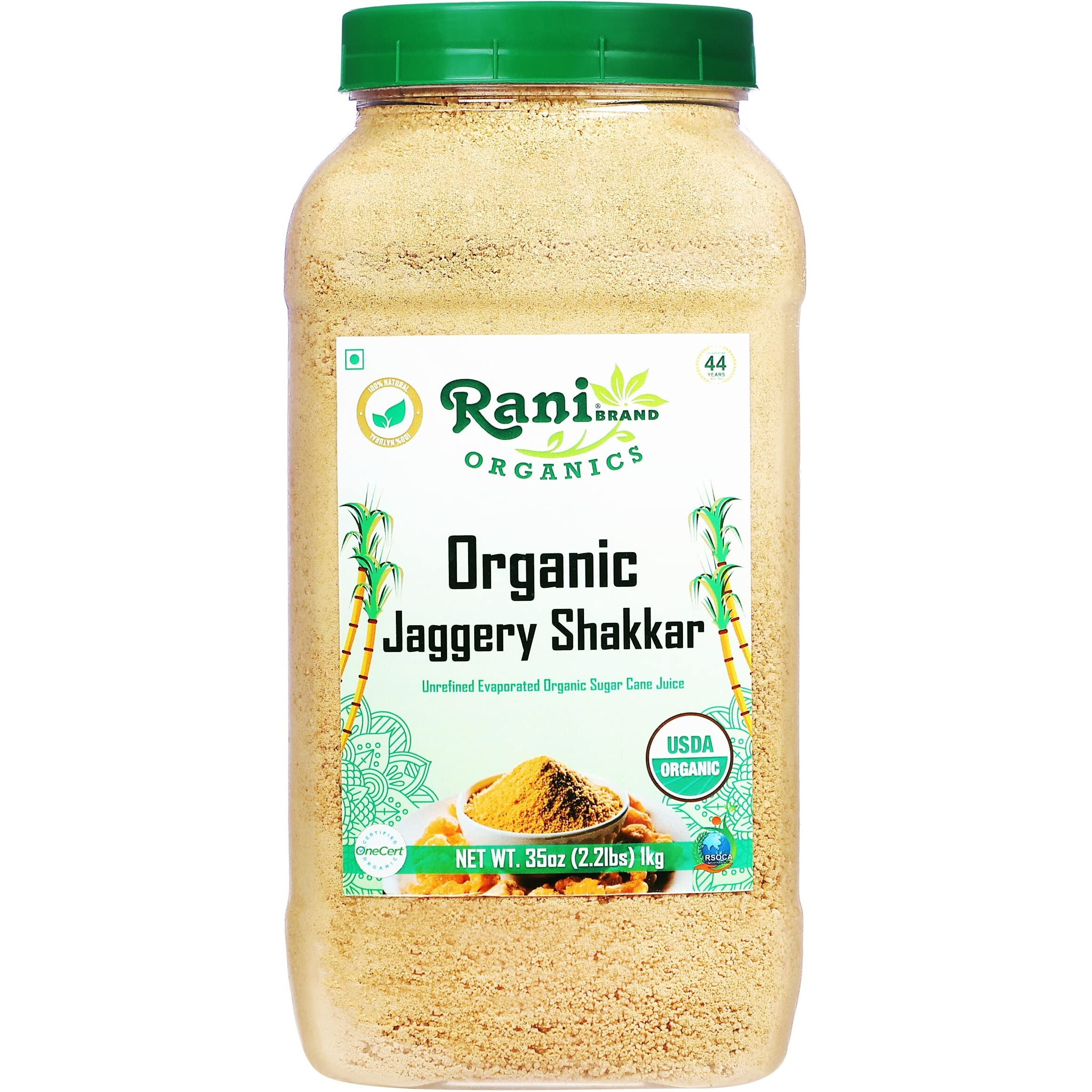 Rani Organic Jaggery Shakkar (Unrefined Evaporated Organic Sugar Cane Juice) 35oz (1kg) PET Jar ~ Gluten Friendly, Vegan, NON-GMO, No Salt or fillers, Indian Product, USDA Certified Organic
