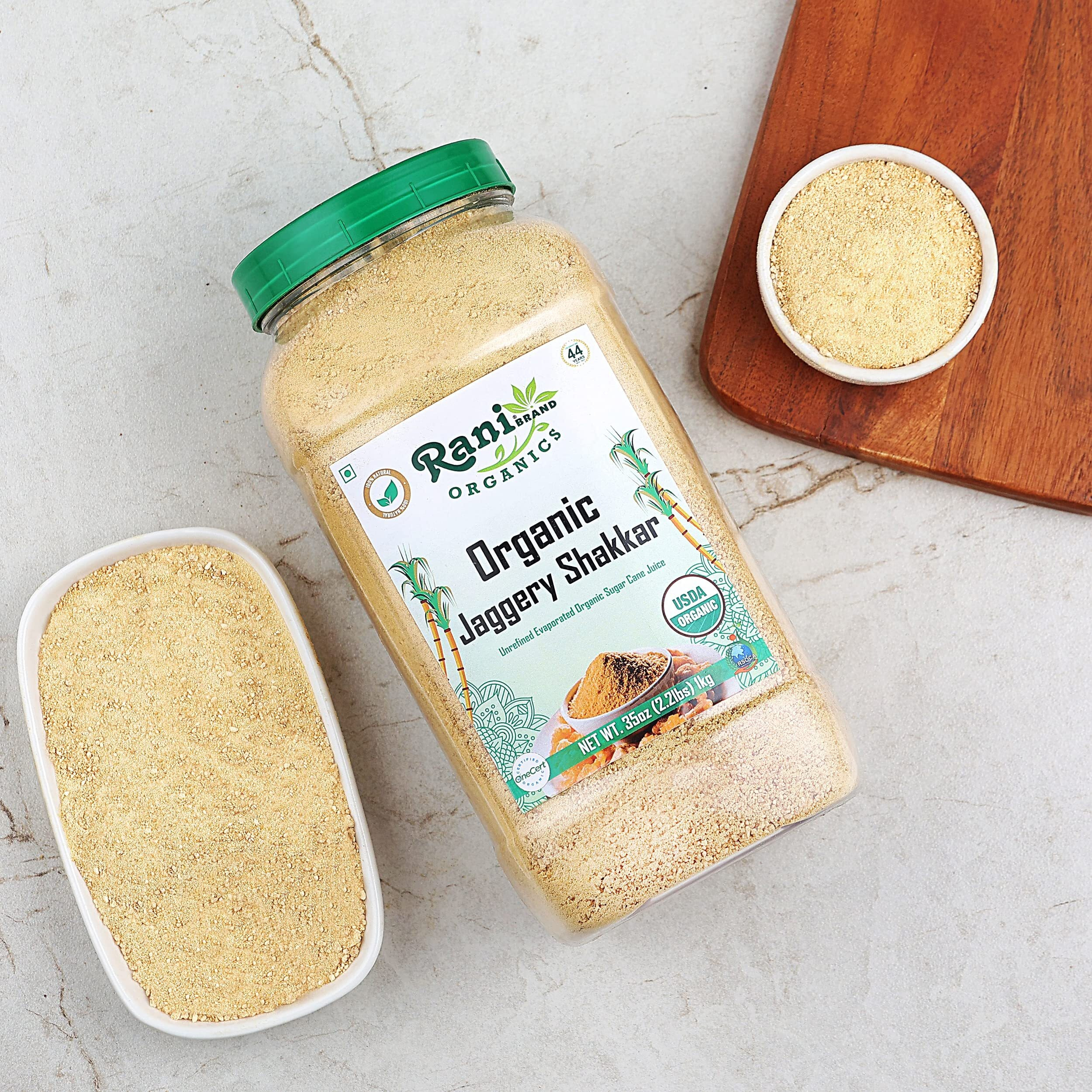 Rani Organic Jaggery Shakkar (Unrefined Evaporated Organic Sugar Cane Juice) 35oz (1kg) PET Jar ~ Gluten Friendly, Vegan, NON-GMO, No Salt or fillers, Indian Product, USDA Certified Organic