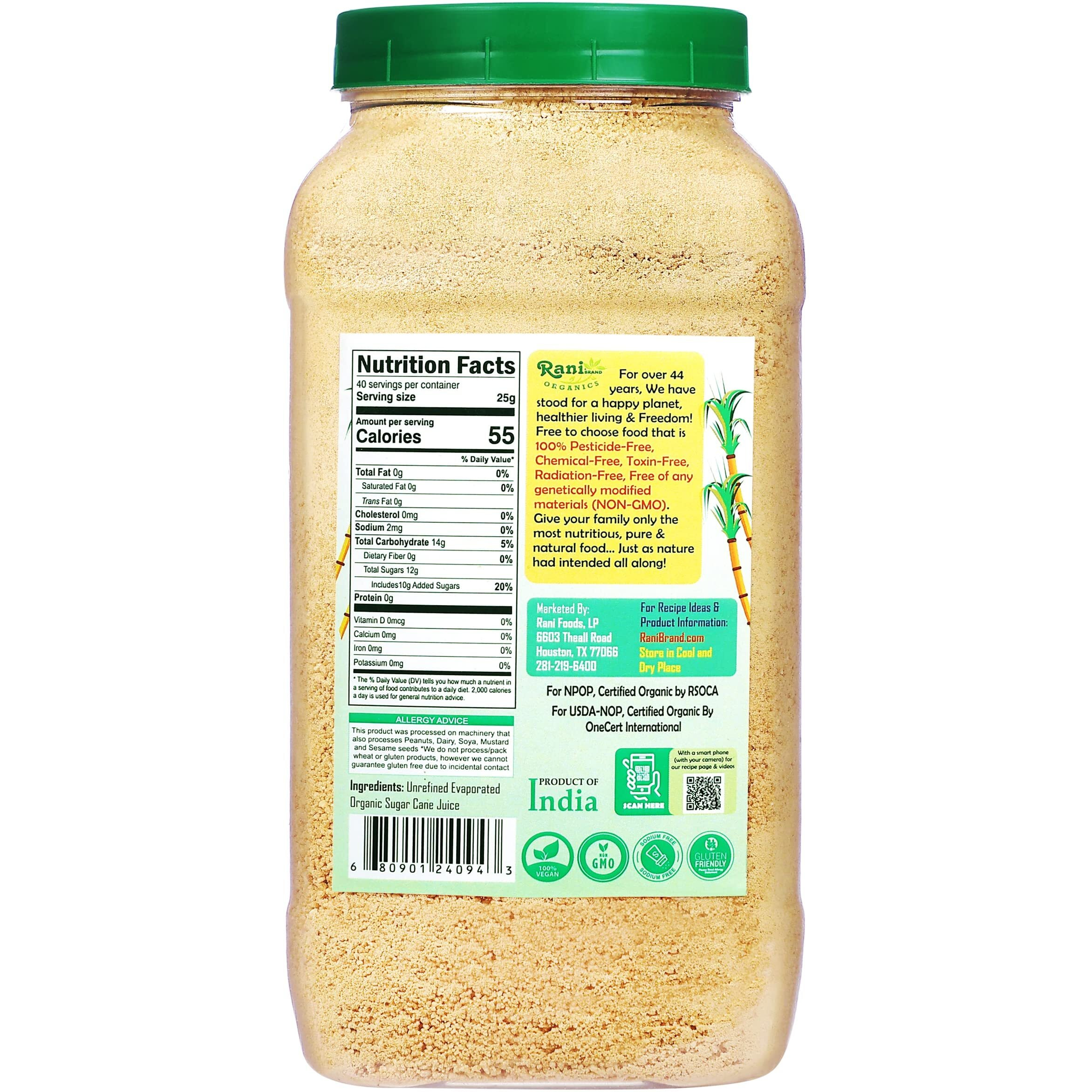 Rani Organic Jaggery Shakkar (Unrefined Evaporated Organic Sugar Cane Juice) 35oz (1kg) PET Jar ~ Gluten Friendly, Vegan, NON-GMO, No Salt or fillers, Indian Product, USDA Certified Organic