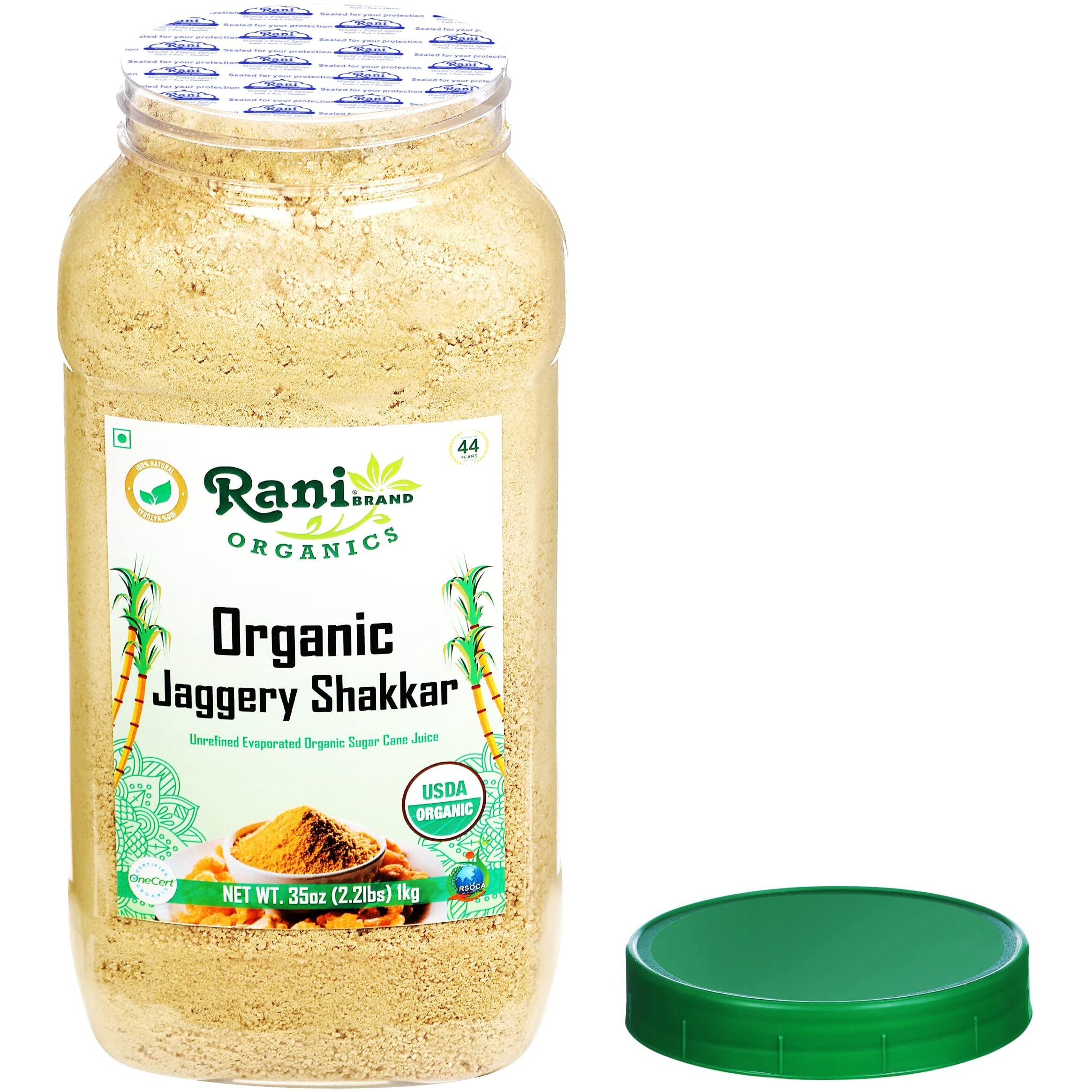 Rani Organic Jaggery Shakkar (Unrefined Evaporated Organic Sugar Cane Juice) 35oz (1kg) PET Jar ~ Gluten Friendly, Vegan, NON-GMO, No Salt or fillers, Indian Product, USDA Certified Organic