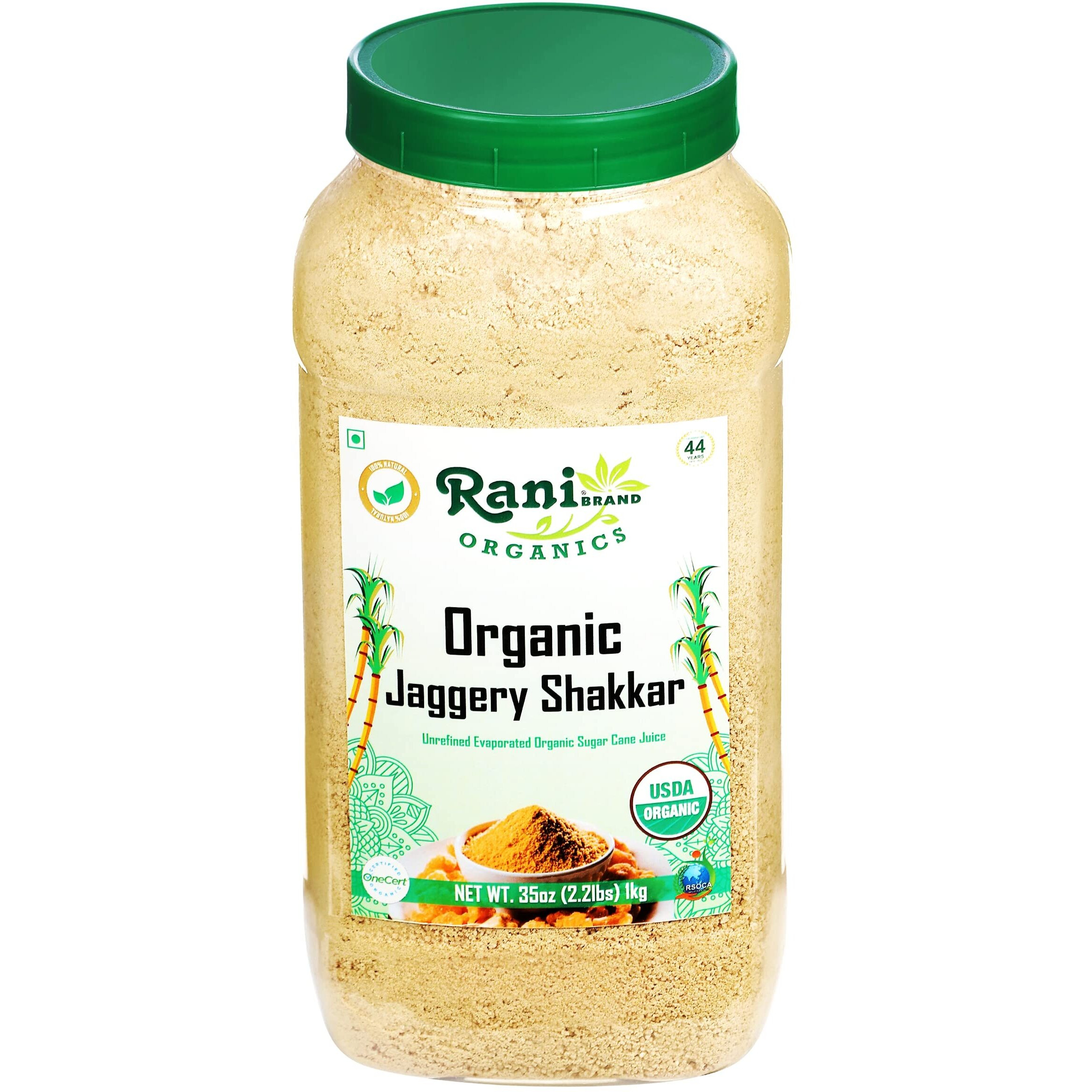 Rani Organic Jaggery Shakkar (Unrefined Evaporated Organic Sugar Cane Juice) 35oz (1kg) PET Jar ~ Gluten Friendly, Vegan, NON-GMO, No Salt or fillers, Indian Product, USDA Certified Organic