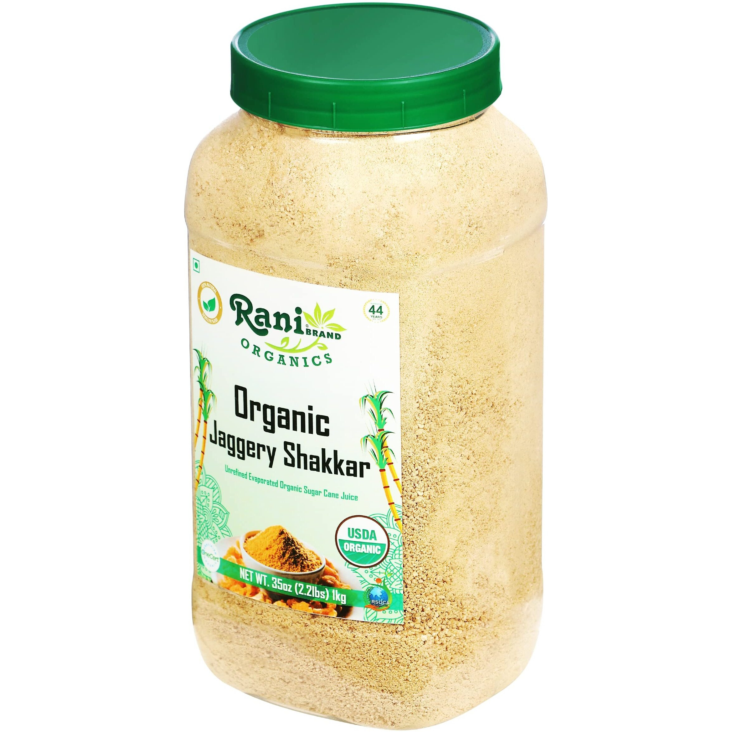 Rani Organic Jaggery Shakkar (Unrefined Evaporated Organic Sugar Cane Juice) 35oz (1kg) PET Jar ~ Gluten Friendly, Vegan, NON-GMO, No Salt or fillers, Indian Product, USDA Certified Organic