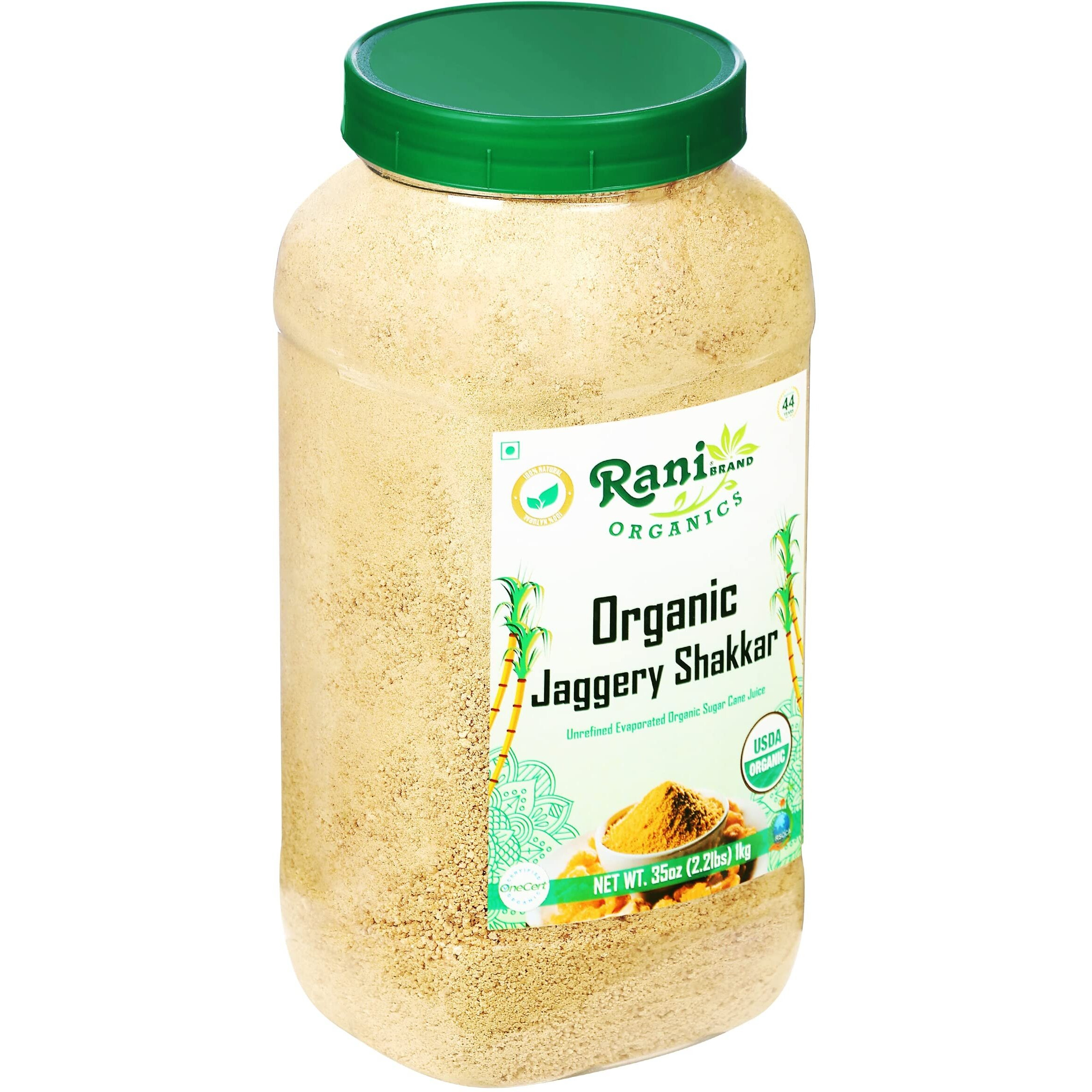 Rani Organic Jaggery Shakkar (Unrefined Evaporated Organic Sugar Cane Juice) 35oz (1kg) PET Jar ~ Gluten Friendly, Vegan, NON-GMO, No Salt or fillers, Indian Product, USDA Certified Organic