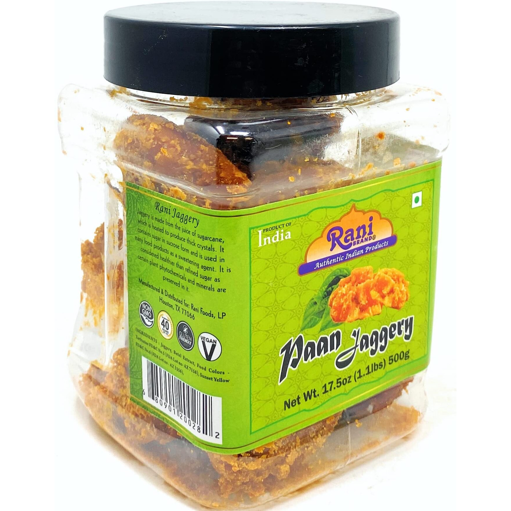 Rani Pan Jaggery (Gur) Indian Unrefined Raw Cane Sugar 17.5oz (1.1lbs) 500g PET Jar ~ Gluten Friendly, Vegan, NON-GMO, No Salt or fillers, Indian Product