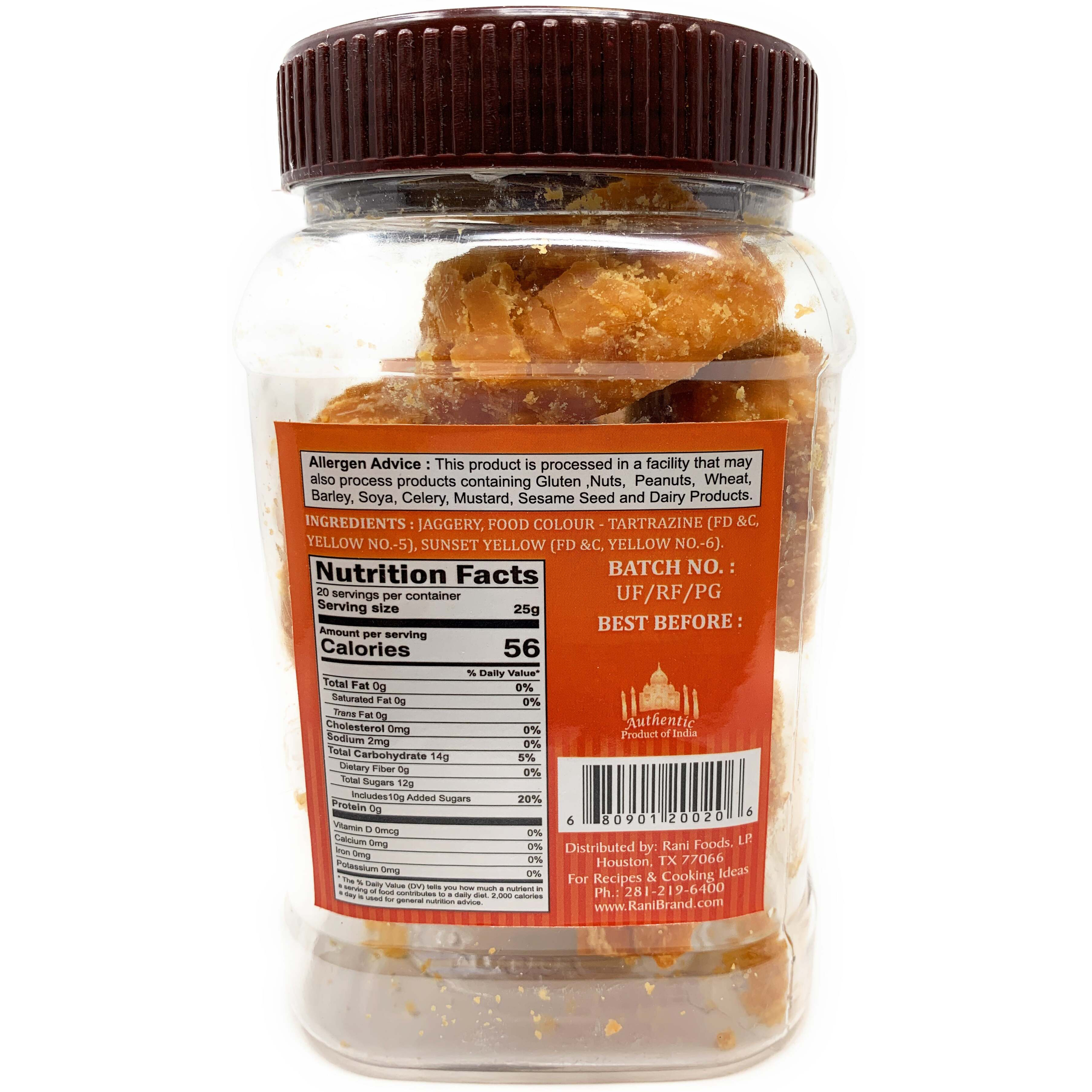 Rani Pesi Gur (Jaggery) Indian Unrefined Raw Cane Sugar 17.5oz (1.1lbs) 500g PET Jar ~ Gluten Friendly, Vegan, NON-GMO, No Salt or fillers, Indian Product