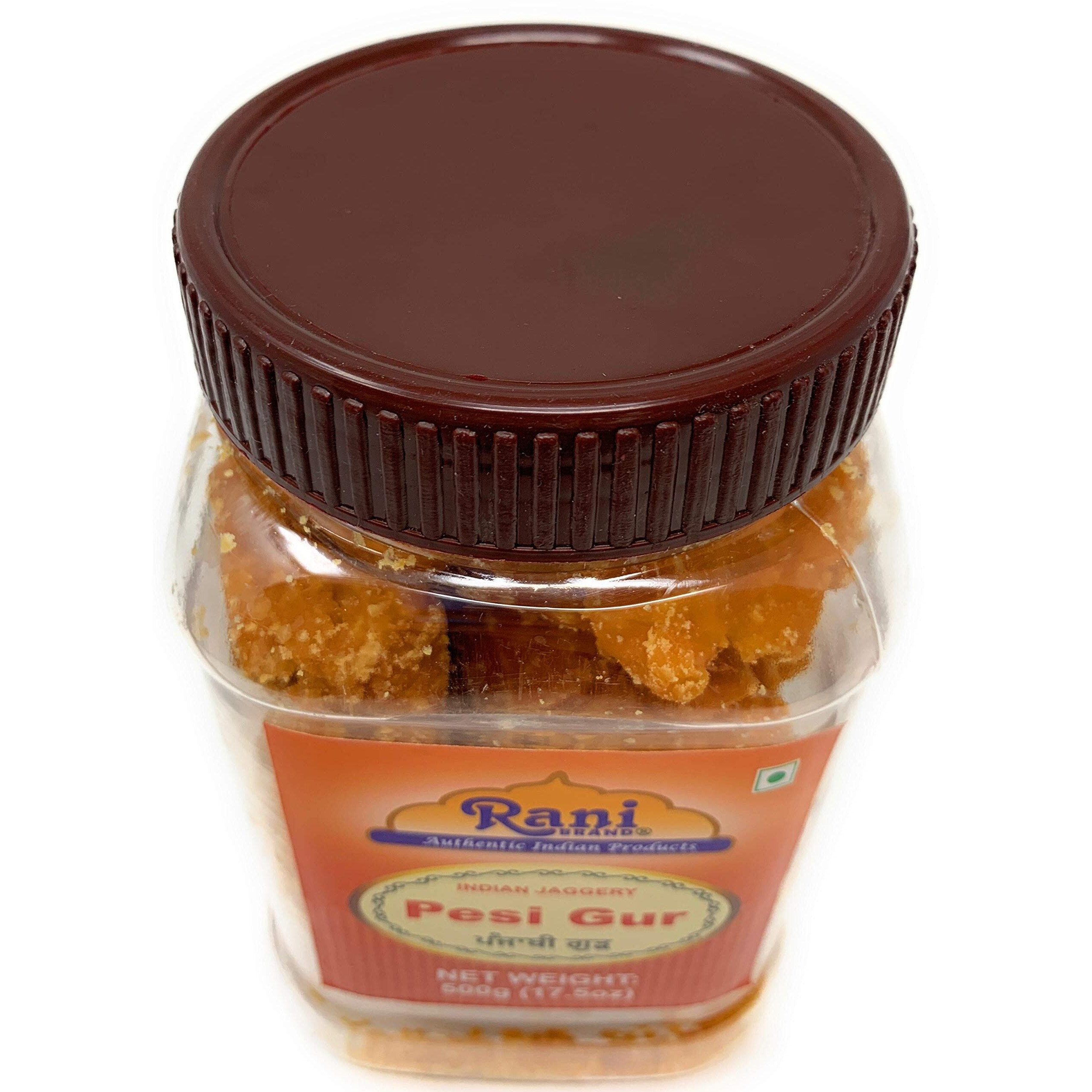 Rani Pesi Gur (Jaggery) Indian Unrefined Raw Cane Sugar 17.5oz (1.1lbs) 500g PET Jar ~ Gluten Friendly, Vegan, NON-GMO, No Salt or fillers, Indian Product