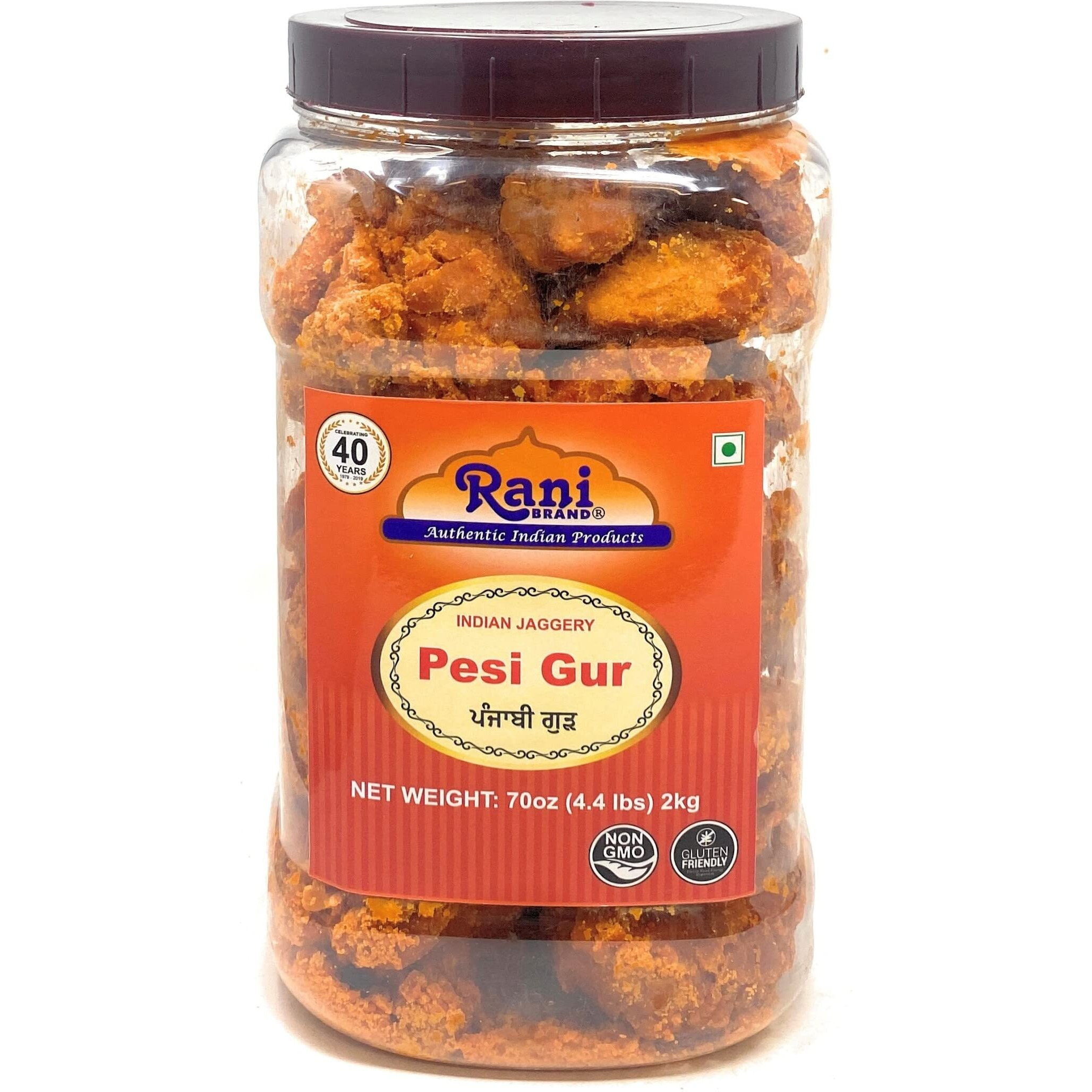Rani Pesi Gur (Jaggery) Indian Unrefined Raw Cane Sugar 70oz (4.4lbs) 2kg PET Jar ~ Gluten Friendly, Vegan, NON-GMO, No Salt or fillers, Indian Product