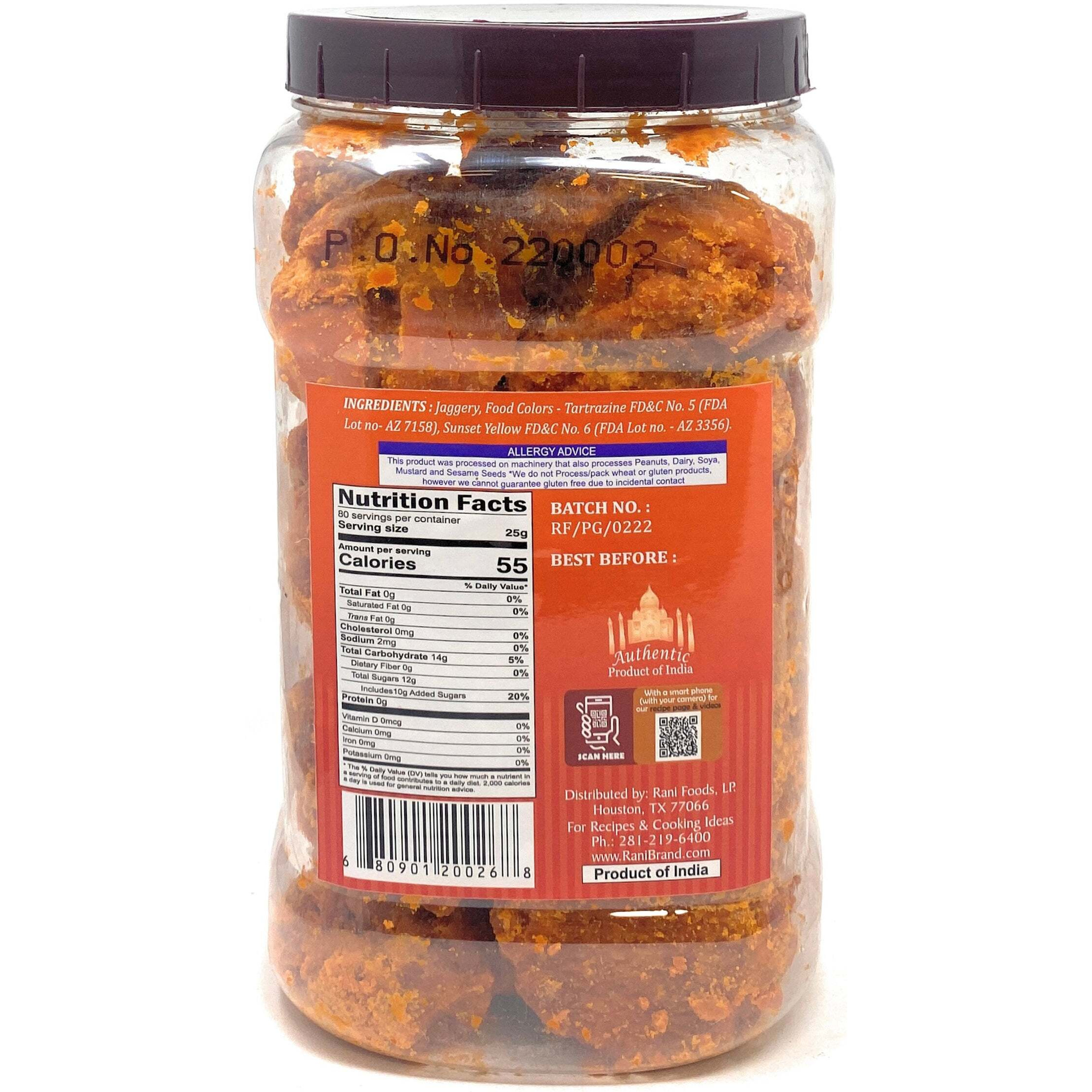 Rani Pesi Gur (Jaggery) Indian Unrefined Raw Cane Sugar 70oz (4.4lbs) 2kg PET Jar ~ Gluten Friendly, Vegan, NON-GMO, No Salt or fillers, Indian Product