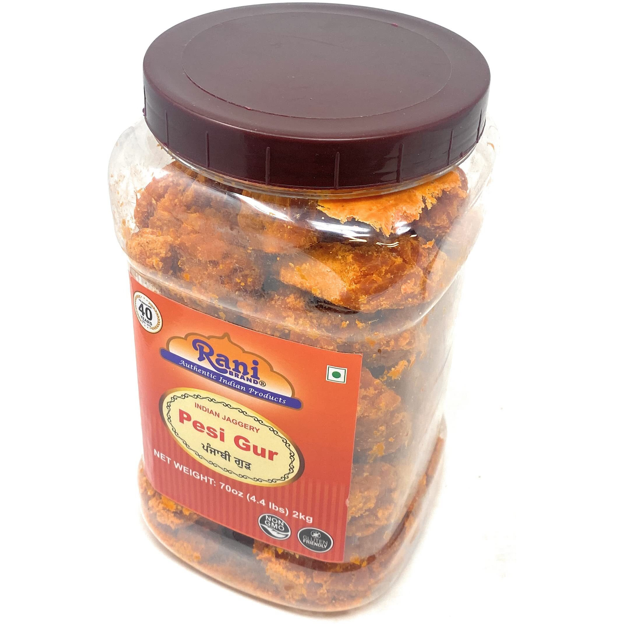 Rani Pesi Gur (Jaggery) Indian Unrefined Raw Cane Sugar 70oz (4.4lbs) 2kg PET Jar ~ Gluten Friendly, Vegan, NON-GMO, No Salt or fillers, Indian Product