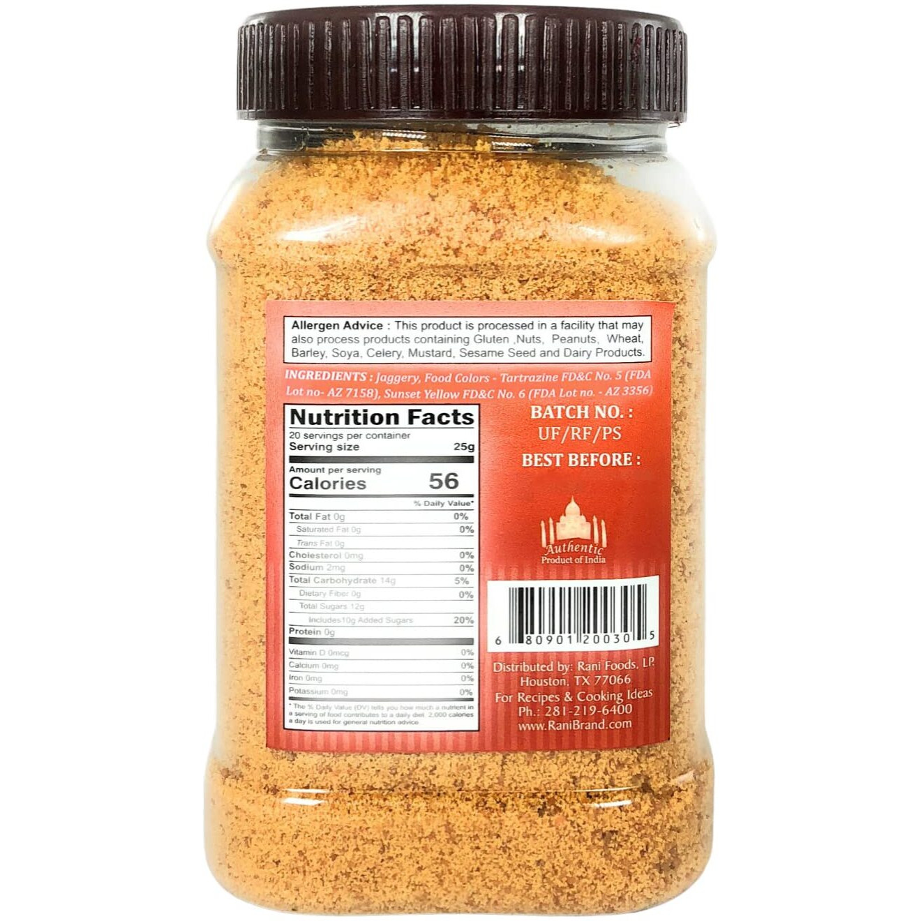 Rani Punjabi Shakkar (Gur Jaggery Powder) Indian Unrefined Raw Cane Sugar 17.5oz (1.1lbs) 500g PET Jar ~ Gluten Friendly, Vegan, NON-GMO, No Salt or fillers, Indian Product