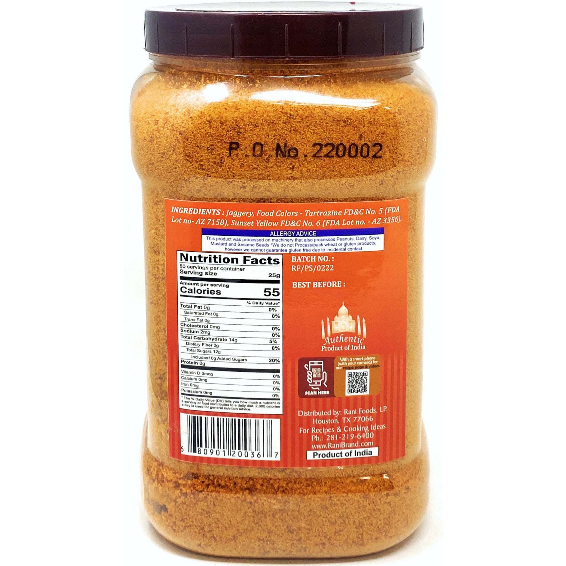 Rani Punjabi Shakkar (Gur Jaggery Powder) Indian Unrefined Raw Cane Sugar 70oz (4.4lbs) 2kg PET Jar ~ Gluten Friendly, Vegan, NON-GMO, No Salt or fillers, Indian Product