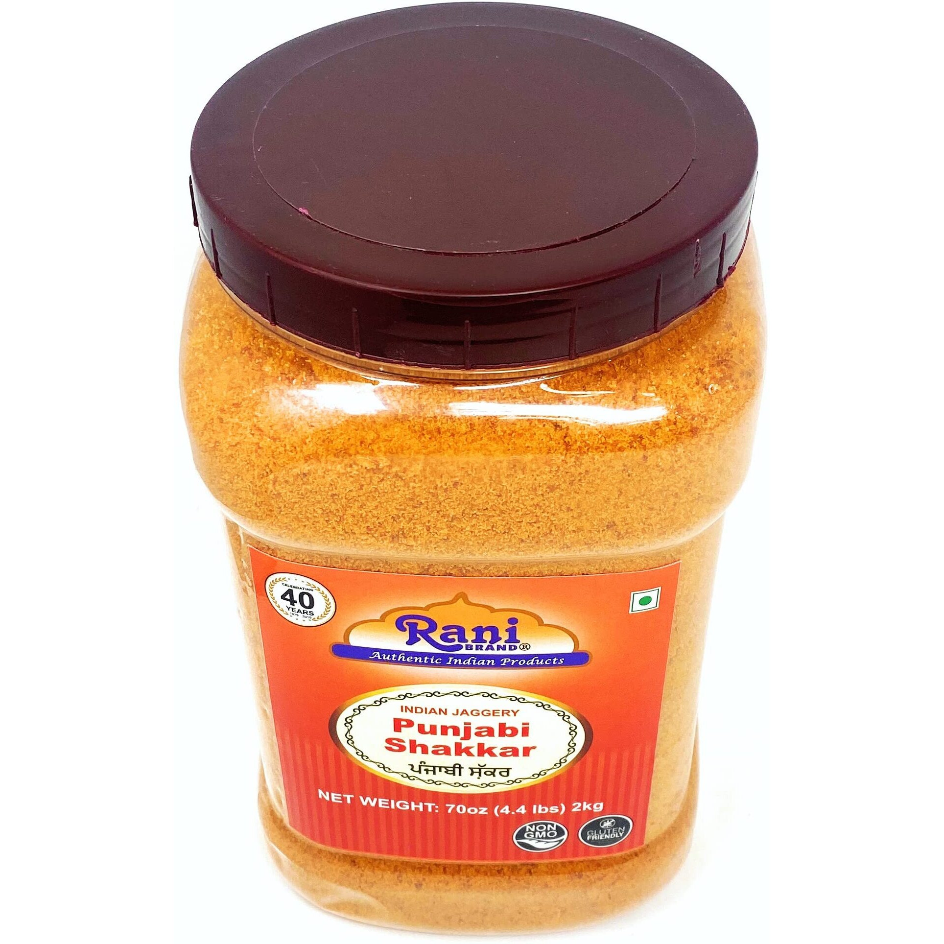 Rani Punjabi Shakkar (Gur Jaggery Powder) Indian Unrefined Raw Cane Sugar 70oz (4.4lbs) 2kg PET Jar ~ Gluten Friendly, Vegan, NON-GMO, No Salt or fillers, Indian Product