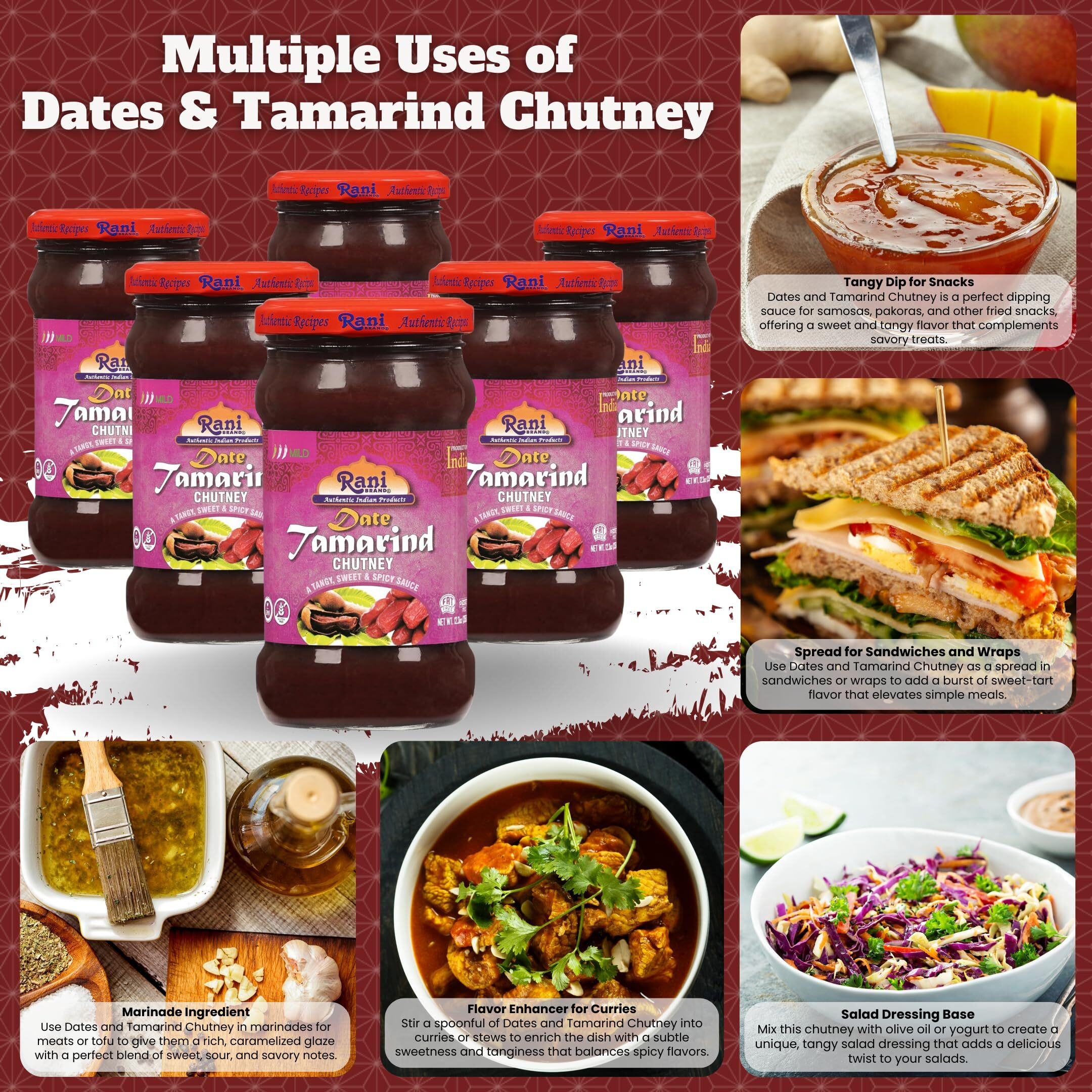 Rani Dates & Tamarind (Imli) Chutney 11.5oz (325g) Glass Jar, Ready to eat, Vegan, Pack of 5+1 FREE ~ Gluten Free, NON-GMO, No Colors, Indian Origin