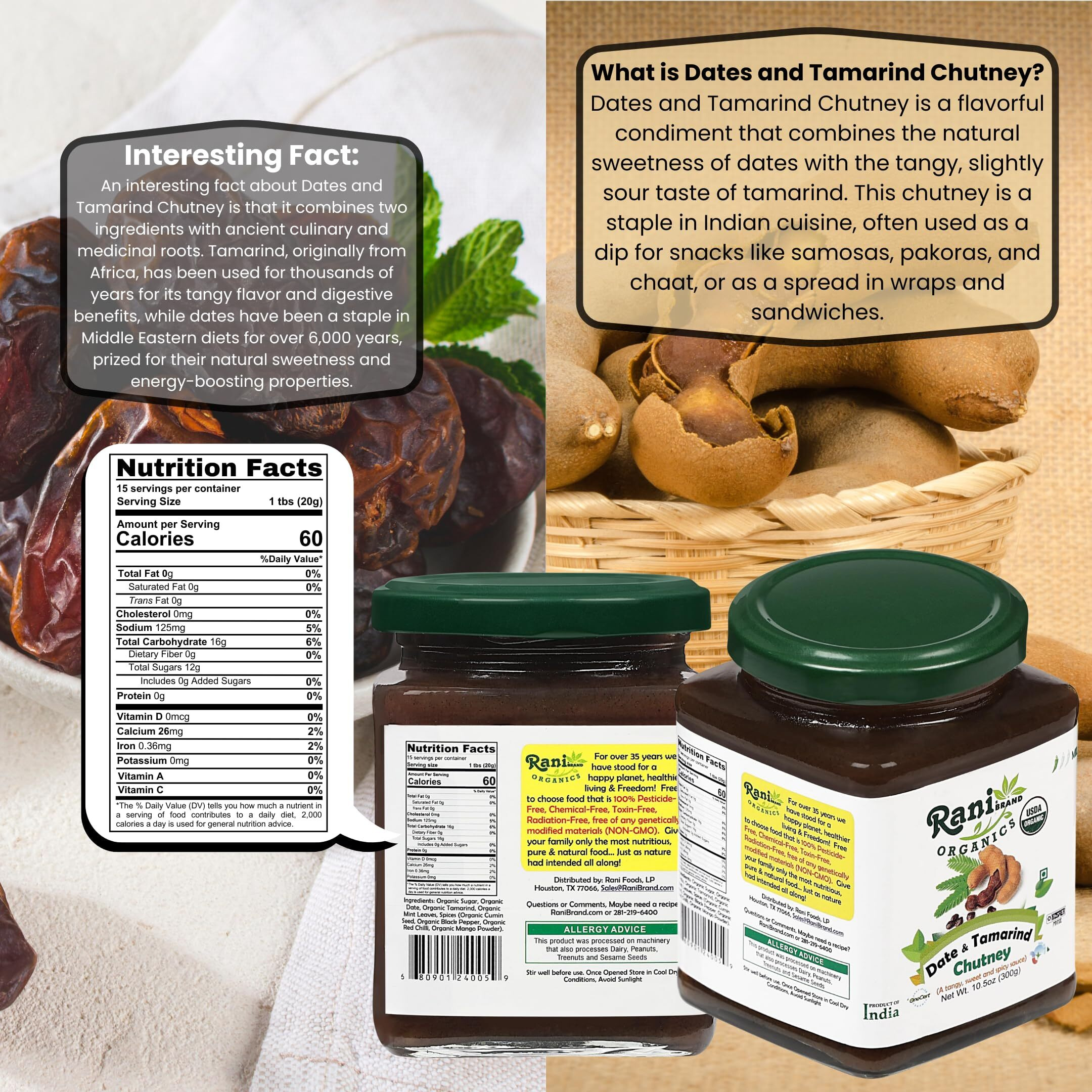 Rani Organic Dates & Tamarind (Imli) Chutney 10.5oz (300g) Glass Jar, Ready to eat, Vegan ~ Gluten Free, NON-GMO, No Colors, Indian Origin, USDA Certified Organic