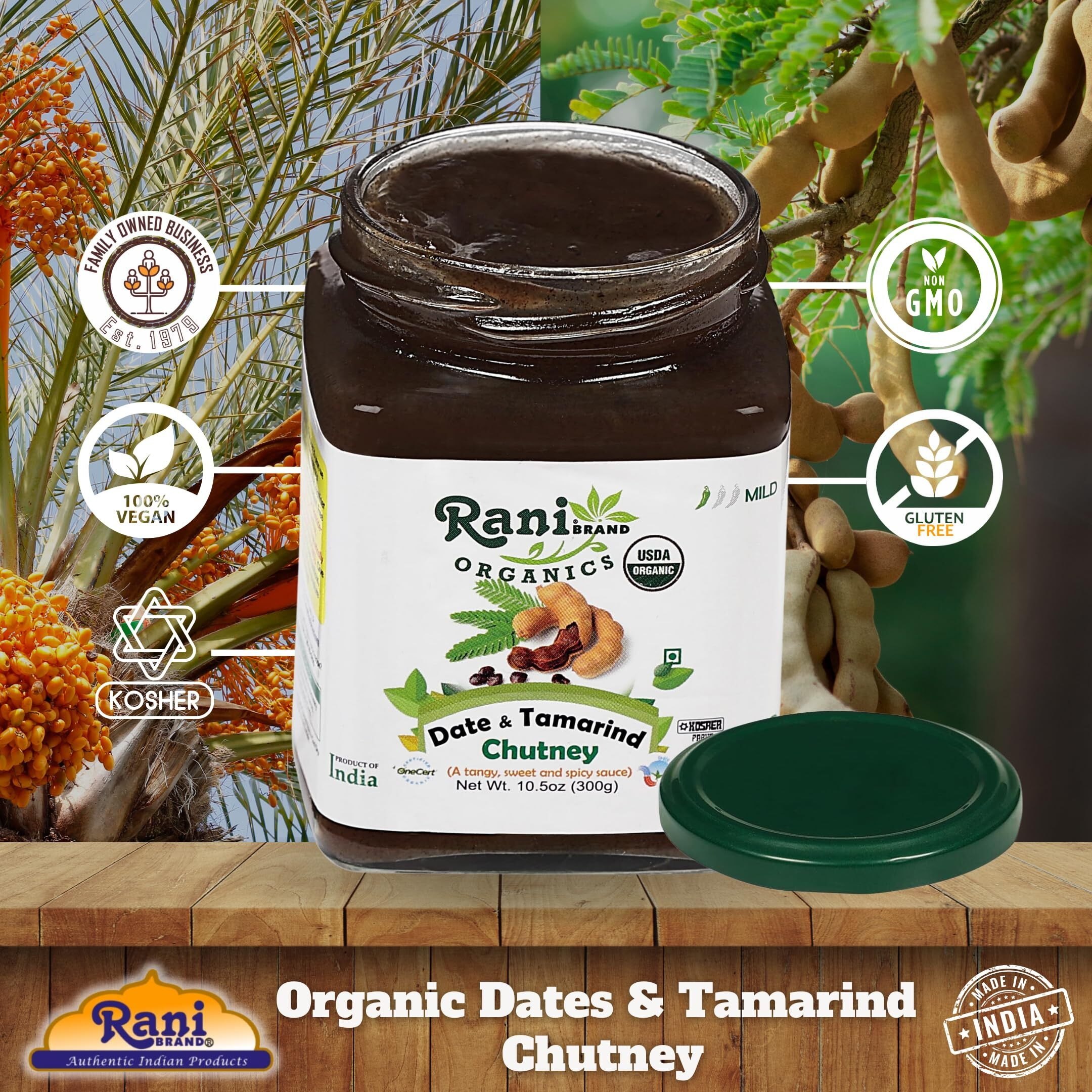 Rani Organic Dates & Tamarind (Imli) Chutney 10.5oz (300g) Glass Jar, Ready to eat, Vegan ~ Gluten Free, NON-GMO, No Colors, Indian Origin, USDA Certified Organic