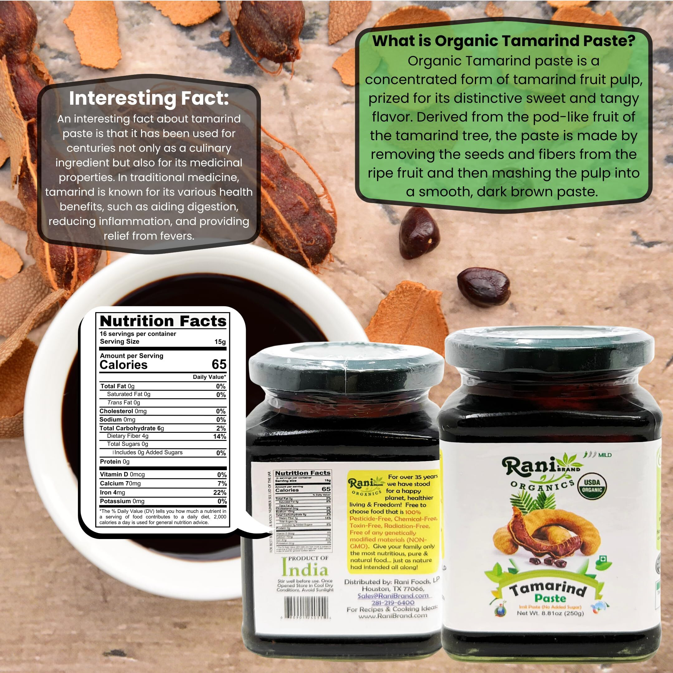 Rani Organic Tamarind Paste (Imli Paste) 8.8oz (250g) Glass Jar, No Sugar Added ~ All Natural, Vegan, Gluten Free, No Colors, NON-GMO, Indian Origin, USDA Certified Organic