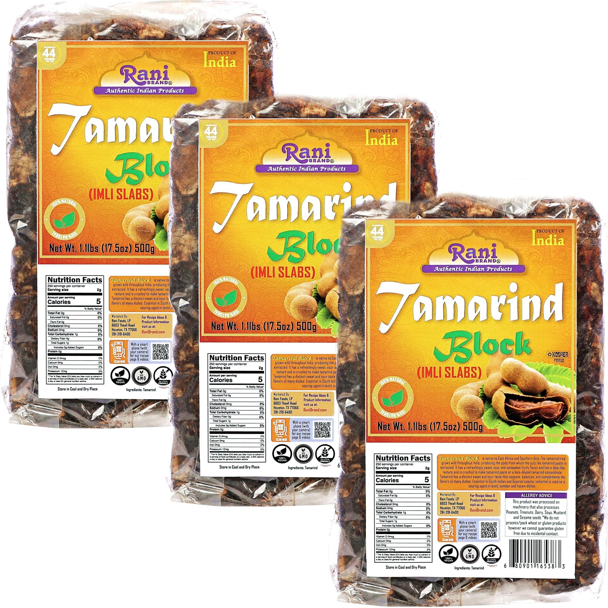Rani Tamarind Block (Imli Slab) 17.5oz (1.1lbs) 500g, Pack of 3 ~ All Natural, No added sugar, Vegan, Gluten Friendly, NON-GMO, Kosher, Indian Origin (Size 17.5oz (1.1lbs) 500g)