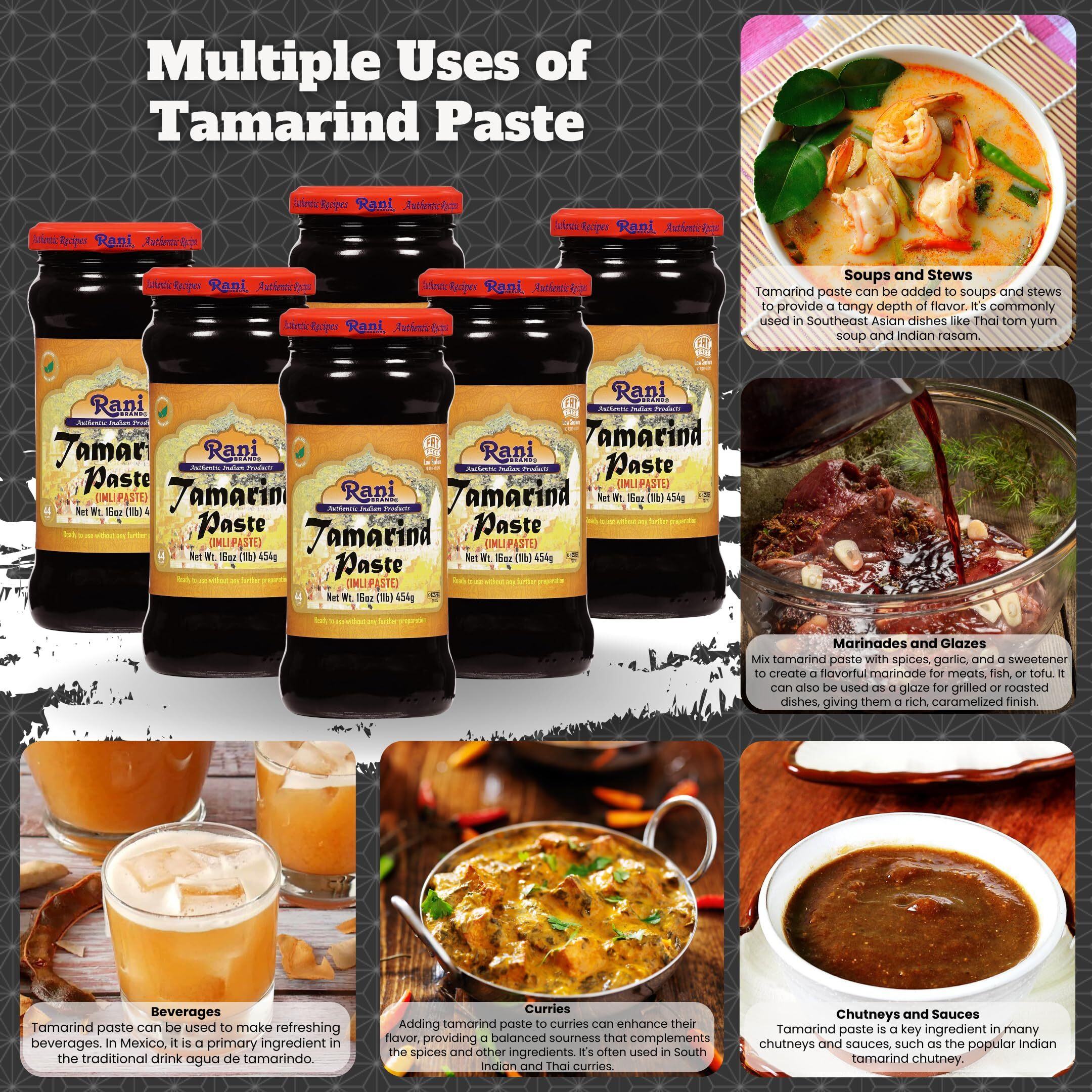 Rani Tamarind Paste Puree (Imli) 16oz (1lb) 454g Glass Jar, No added sugar, Pack of 5+1 FREE ~ All Natural, Vegan, Gluten Free, No Colors, NON-GMO, Indian Origin (Size 16oz (1lb) 454g)