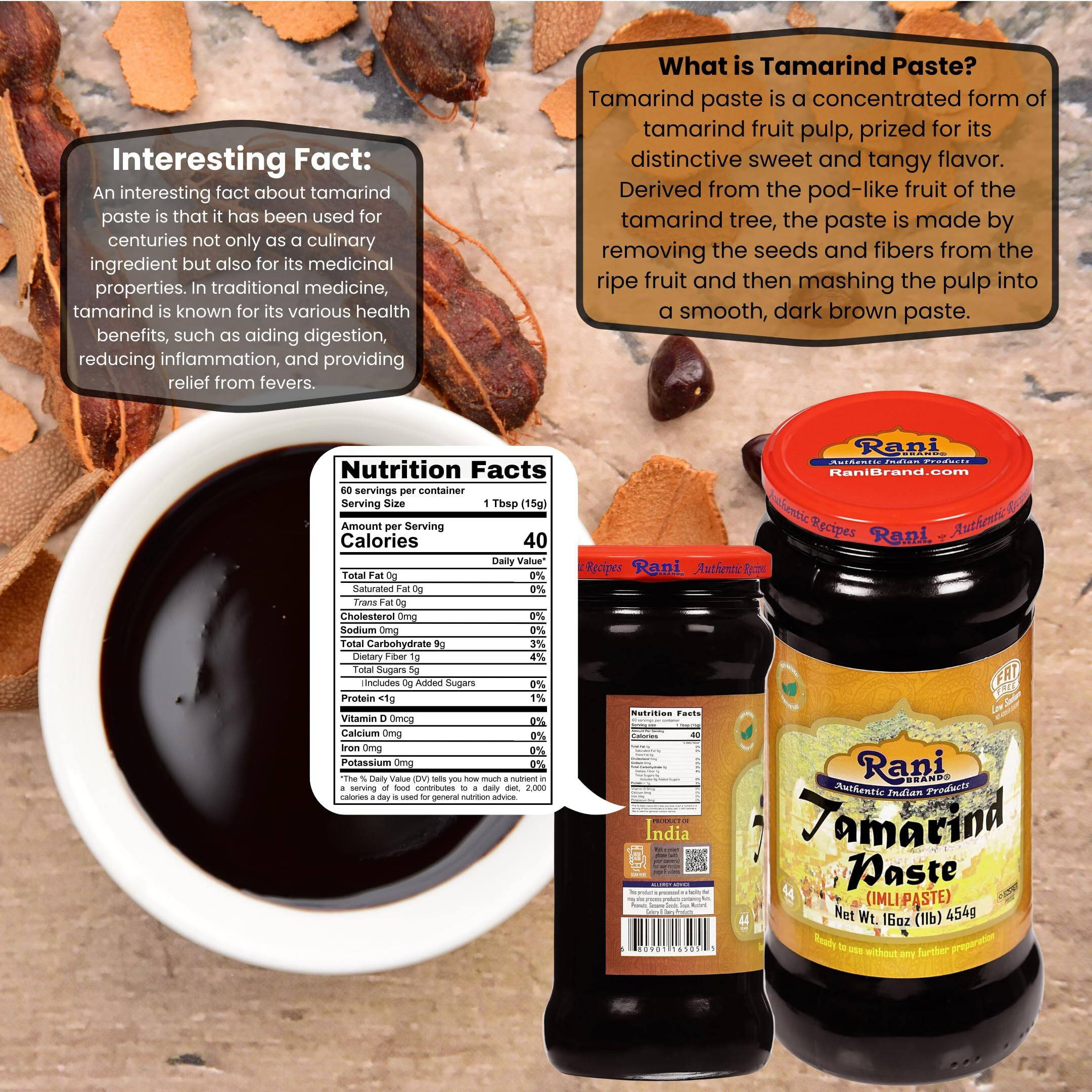 Rani Tamarind Paste Puree (Imli) 16oz (1lb) 454g Glass Jar, No added sugar, Pack of 5+1 FREE ~ All Natural, Vegan, Gluten Free, No Colors, NON-GMO, Indian Origin (Size 16oz (1lb) 454g)