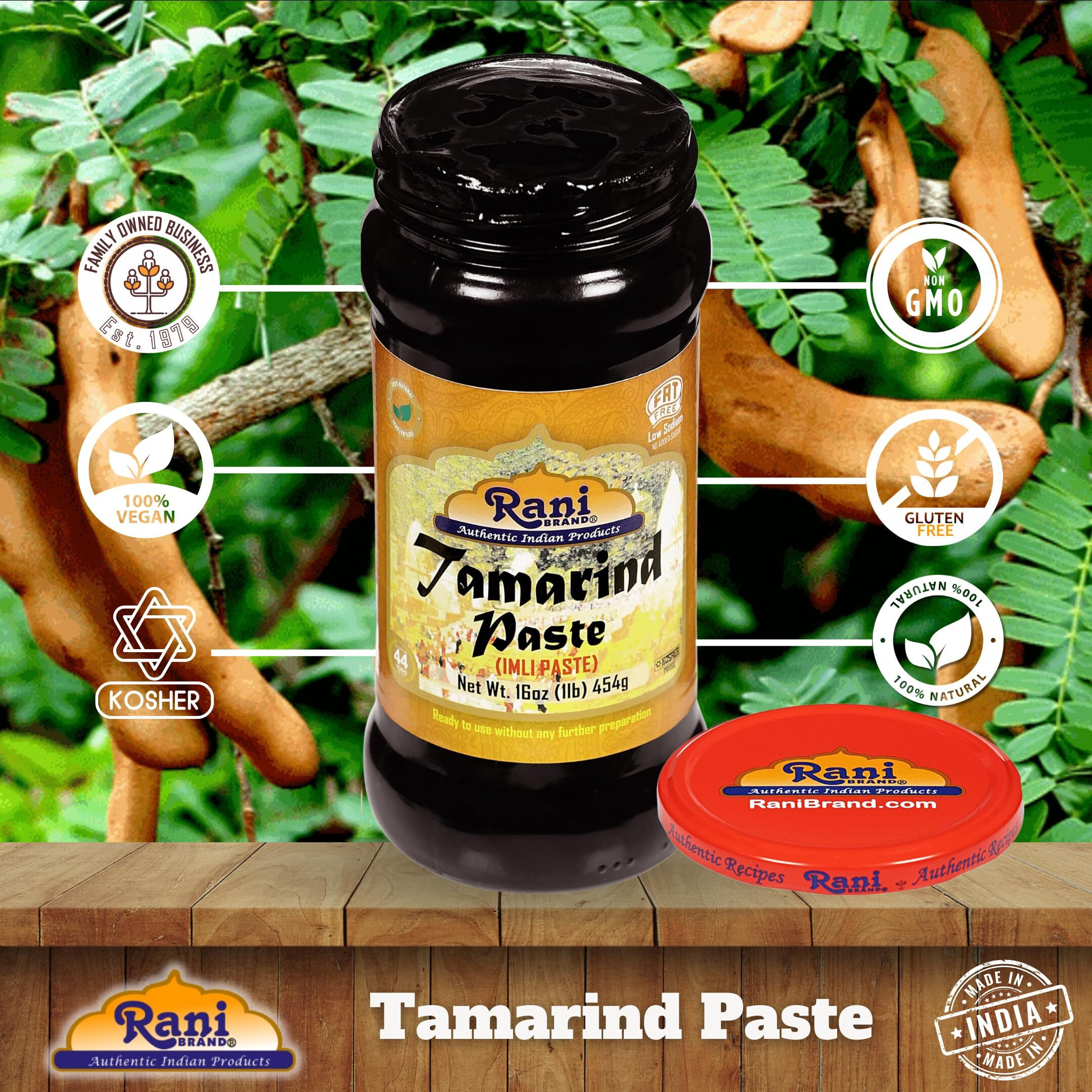 Rani Tamarind Paste Puree (Imli) 16oz (1lb) 454g Glass Jar, No added sugar, Pack of 5+1 FREE ~ All Natural, Vegan, Gluten Free, No Colors, NON-GMO, Indian Origin (Size 16oz (1lb) 454g)