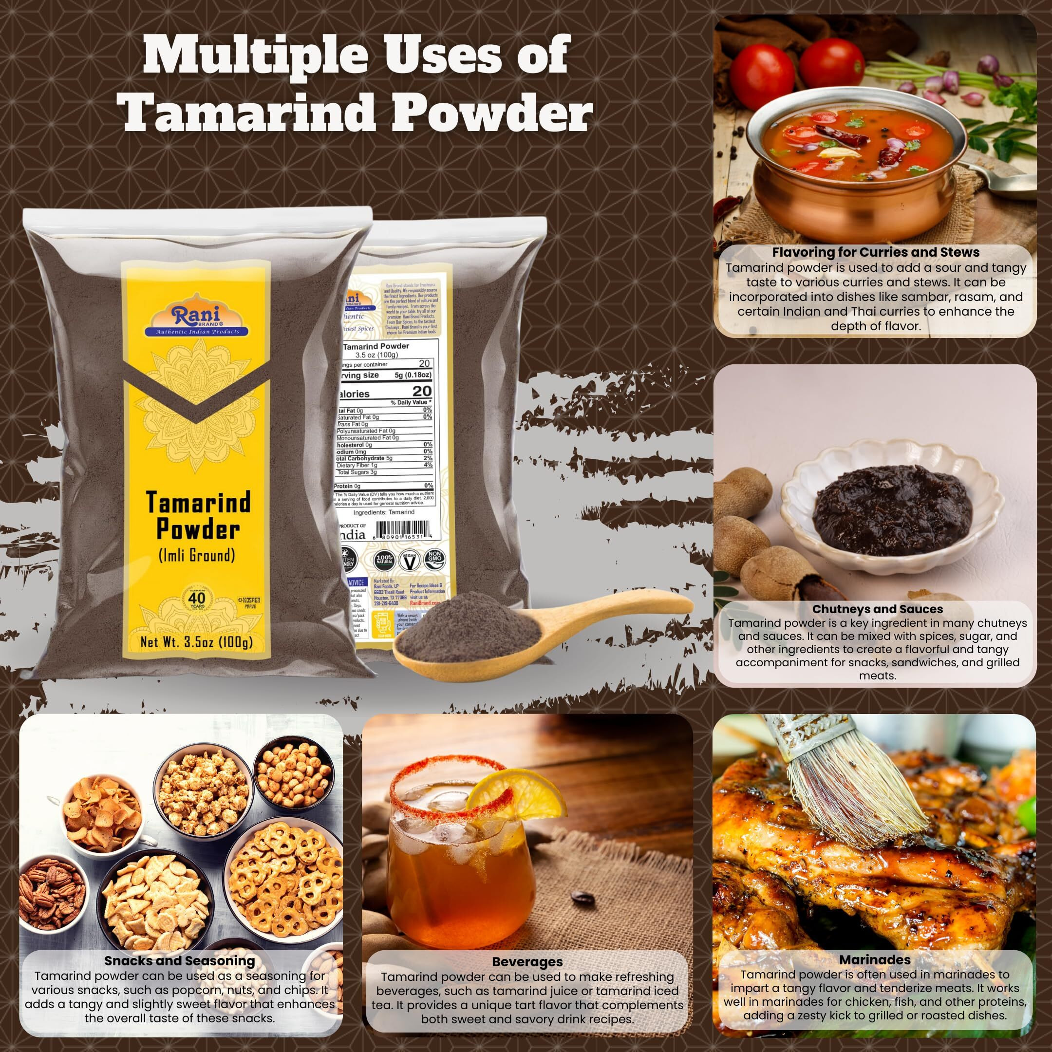 Rani Tamarind Powder (Imli) 3.5oz (100g) ~ All Natural| No Added Sugar/Salt, Vegan, Gluten Friendly, Kosher, NON-GMO, Kosher, Indian Origin (Size 3.5oz (100g))