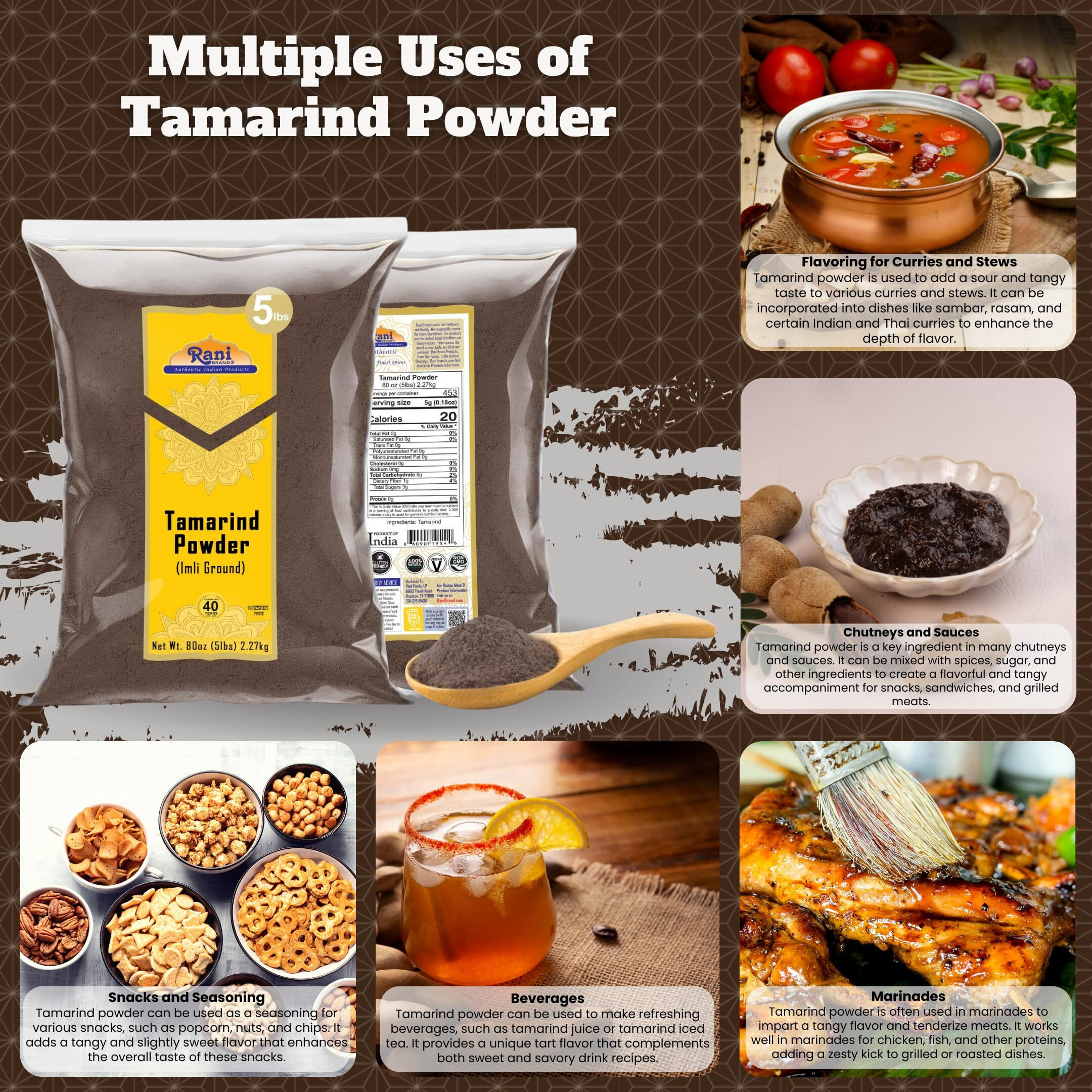 Rani Tamarind Powder (Imli) 80oz (5lbs) 2.27kg Bulk ~ All Natural, No Added Sugar/Salt, Vegan, Gluten Friendly, Kosher, NON-GMO, Indian Origin (Size 80oz (5lbs) 2.27kg)