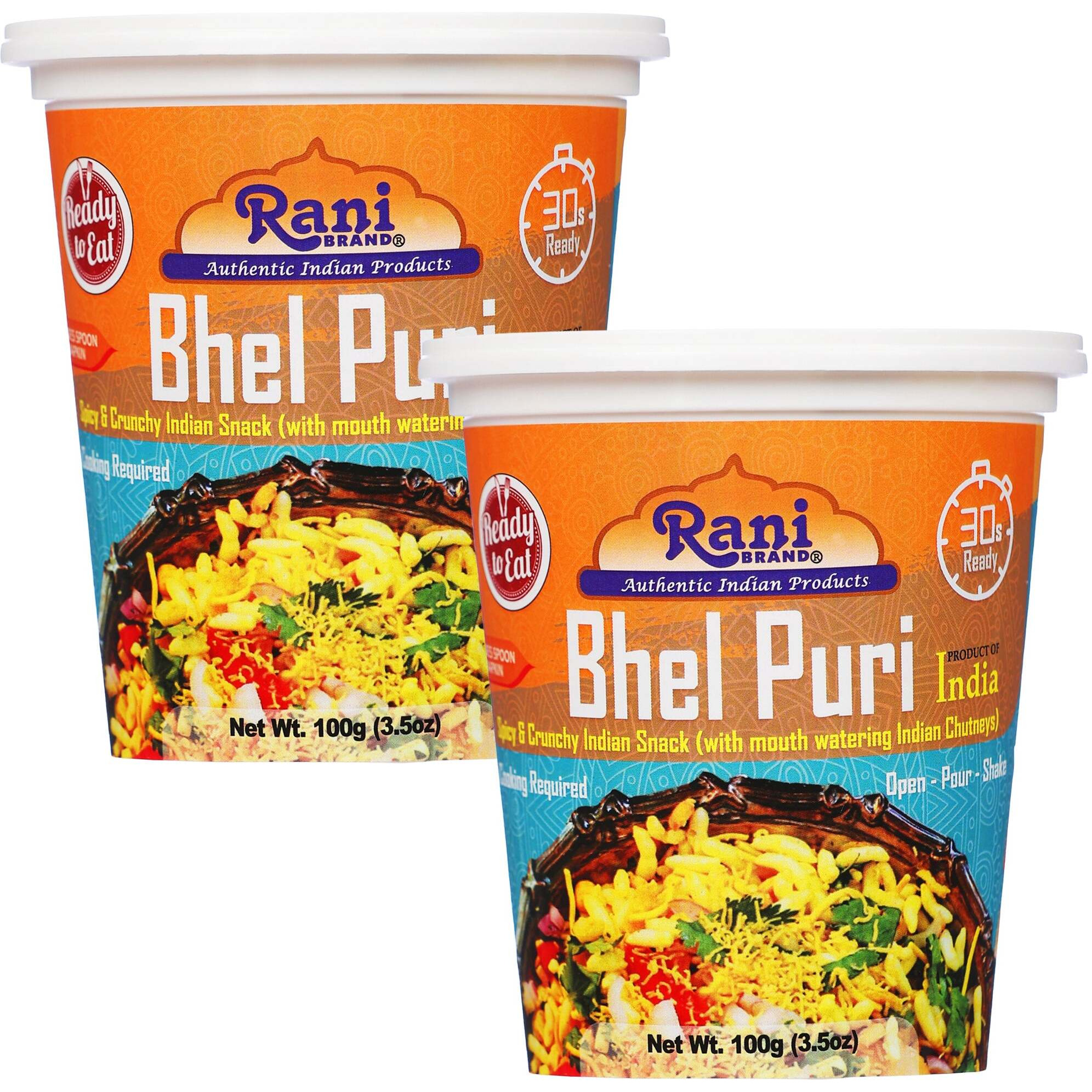 Rani Bhel Puri Cup (Spicy & Crunchy Indian Snack w/ mouth watering Indian Chutneys) 3.5oz (100g), Pack of 2 ~ Ready to Eat, Vegan, NON-GMO, Indian Origin