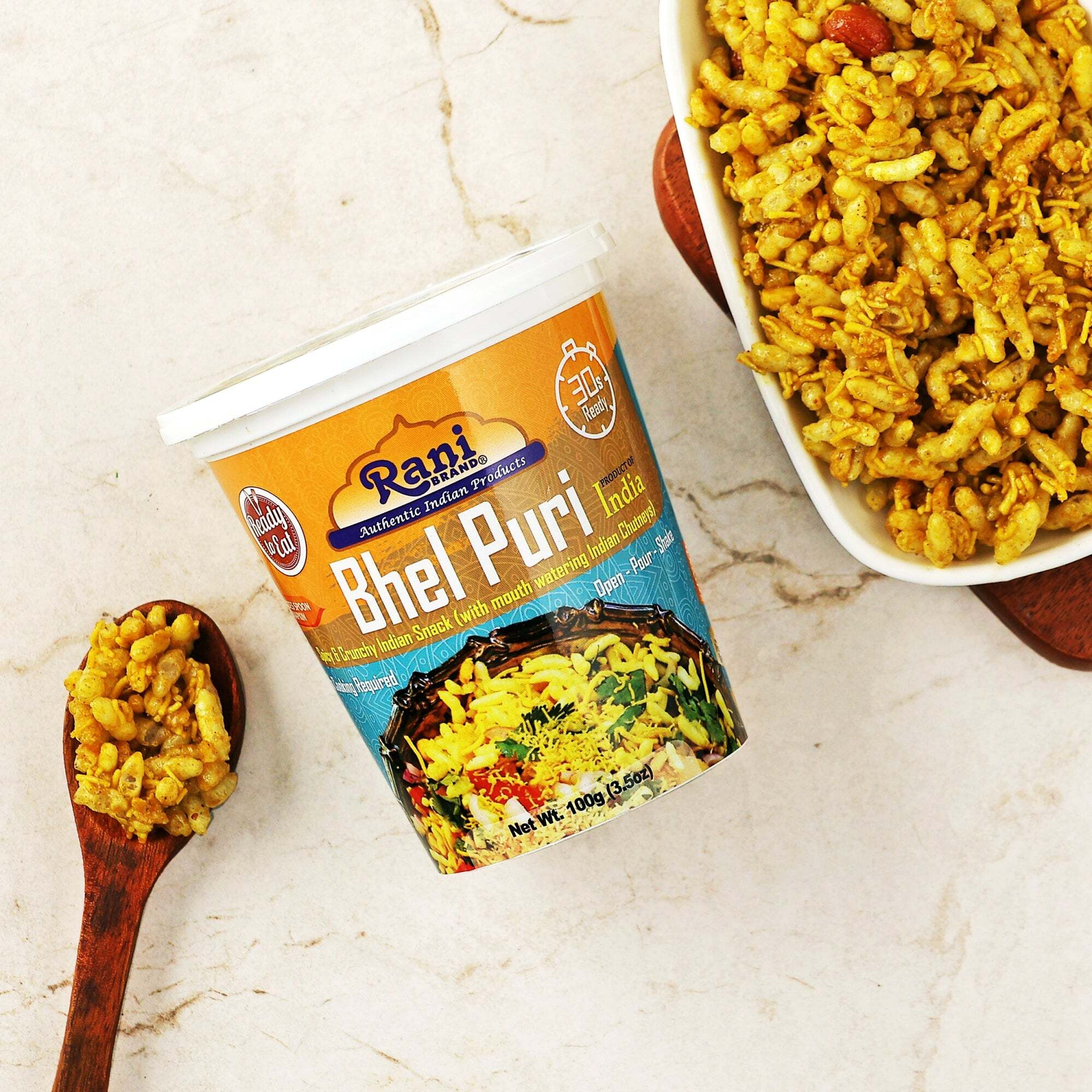 Rani Bhel Puri Cup (Spicy & Crunchy Indian Snack w/ mouth watering Indian Chutneys) 3.5oz (100g), Pack of 2 ~ Ready to Eat, Vegan, NON-GMO, Indian Origin