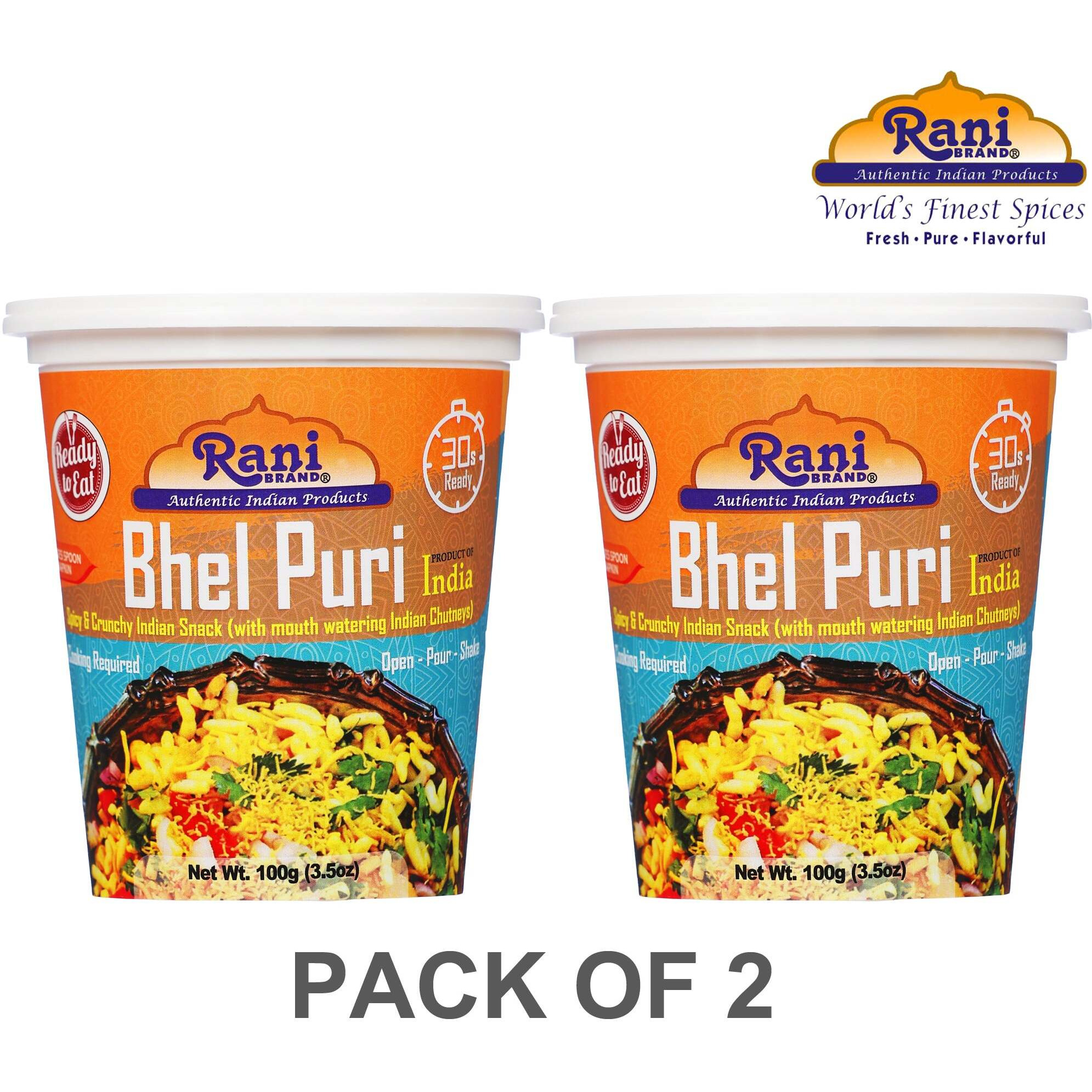 Rani Bhel Puri Cup (Spicy & Crunchy Indian Snack w/ mouth watering Indian Chutneys) 3.5oz (100g), Pack of 2 ~ Ready to Eat, Vegan, NON-GMO, Indian Origin