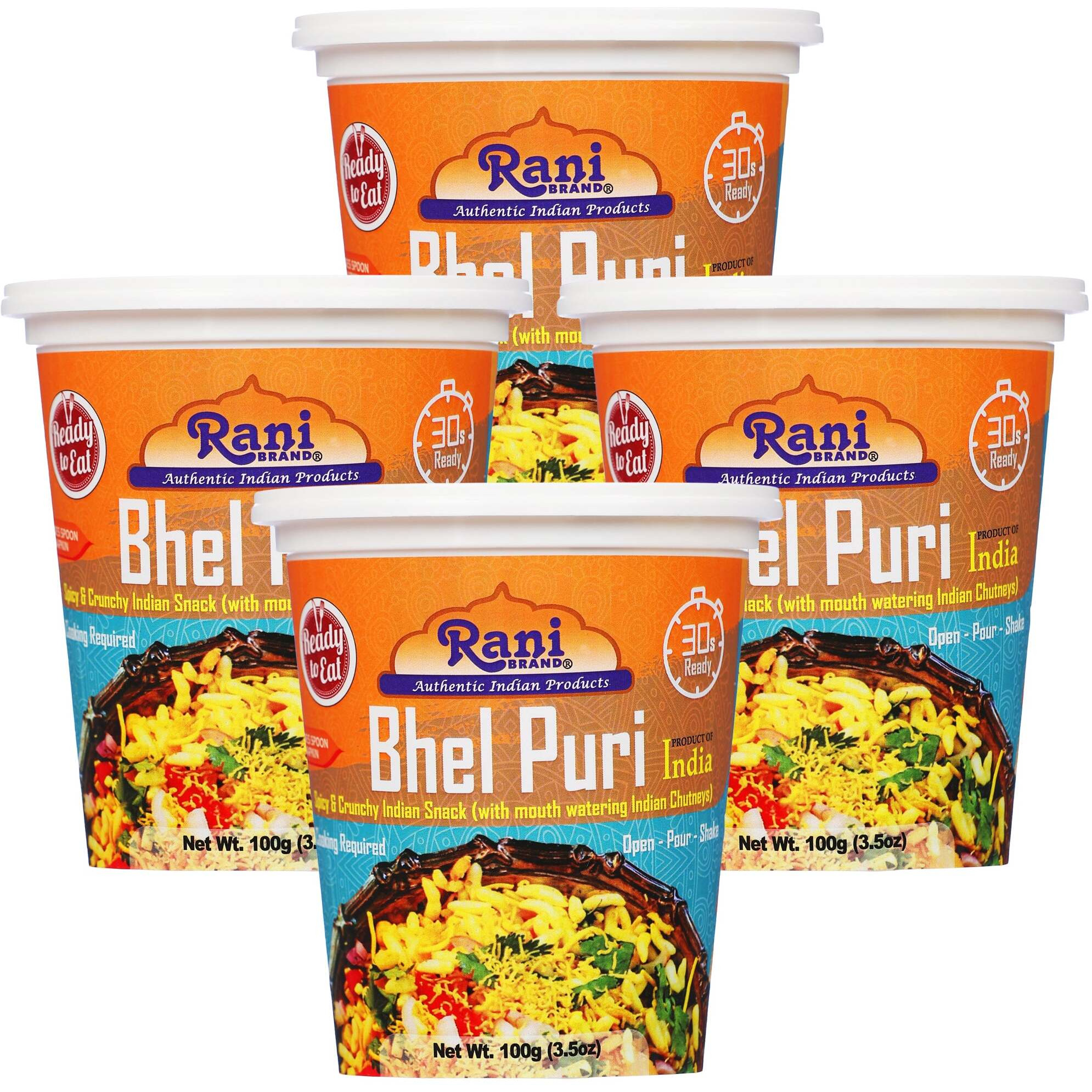 Rani Bhel Puri Cup (Spicy & Crunchy Indian Snack w/ mouth watering Indian Chutneys) 3.5oz (100g), Pack of 4 ~ Ready to Eat, Vegan, NON-GMO, Indian Origin