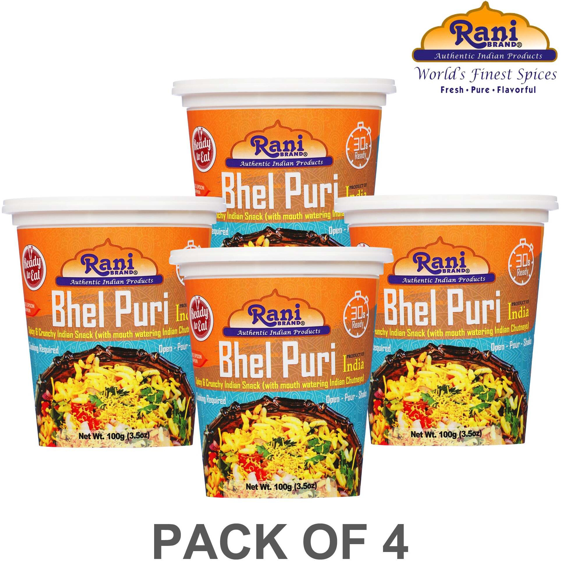 Rani Bhel Puri Cup (Spicy & Crunchy Indian Snack w/ mouth watering Indian Chutneys) 3.5oz (100g), Pack of 4 ~ Ready to Eat, Vegan, NON-GMO, Indian Origin