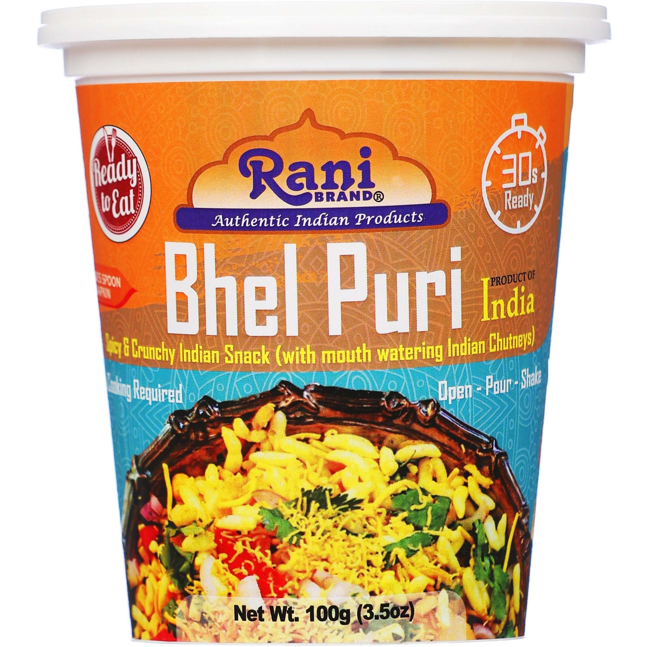 Rani Bhel Puri Cup (Spicy & Crunchy Indian Snack w/ mouth watering Indian Chutneys) 3.5oz (100g), Pack of 4 ~ Ready to Eat, Vegan, NON-GMO, Indian Origin