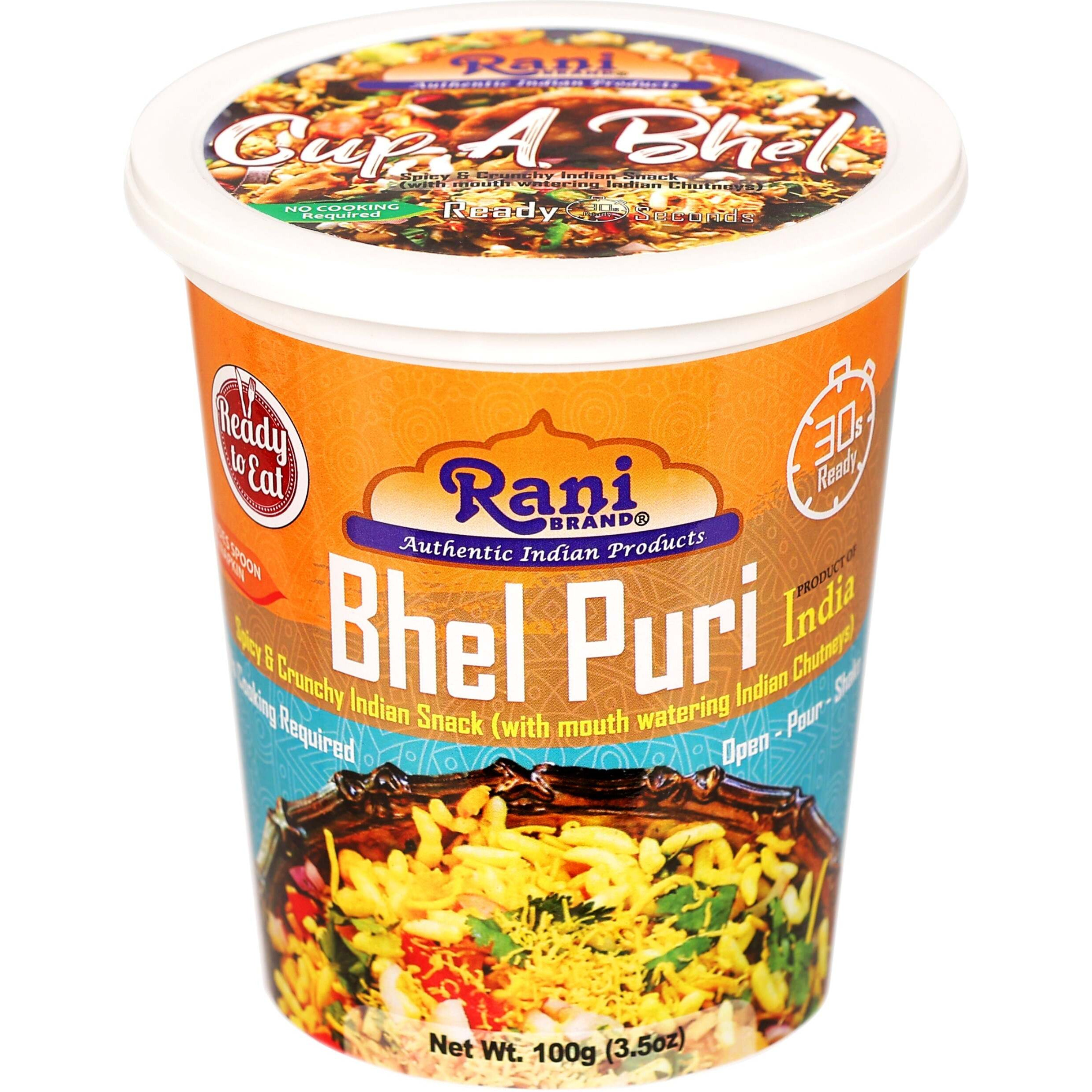 Rani Bhel Puri Cup (Spicy & Crunchy Indian Snack w/ mouth watering Indian Chutneys) 3.5oz (100g), Pack of 4 ~ Ready to Eat, Vegan, NON-GMO, Indian Origin
