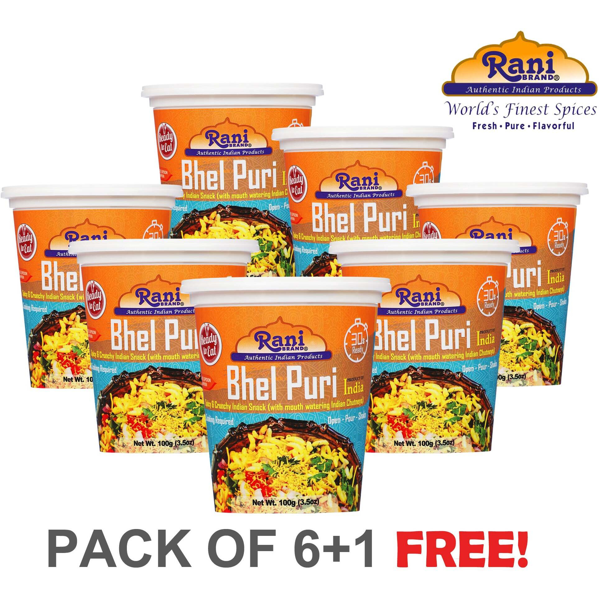 Rani Bhel Puri Cup (Spicy & Crunchy Indian Snack w/mouth watering Indian Chutneys) 3.5oz (100g), Pack of 6+1 FREE ~ Ready to Eat, Vegan, NON-GMO, Indian Origin