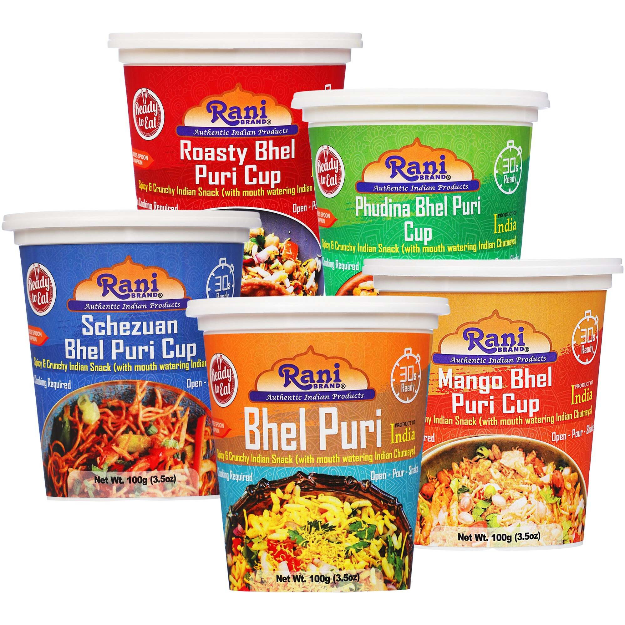 Rani Bhel Puri Cups 5 Flavors-in-1 Set (Regular, Roasty, Mango, Schezuan, Pudina) 3.5oz (100g), Pack of 5 ~ Spicy & Crunchy Indian Snack, Ready to Eat, Vegan, NON-GMO, Indian Origin