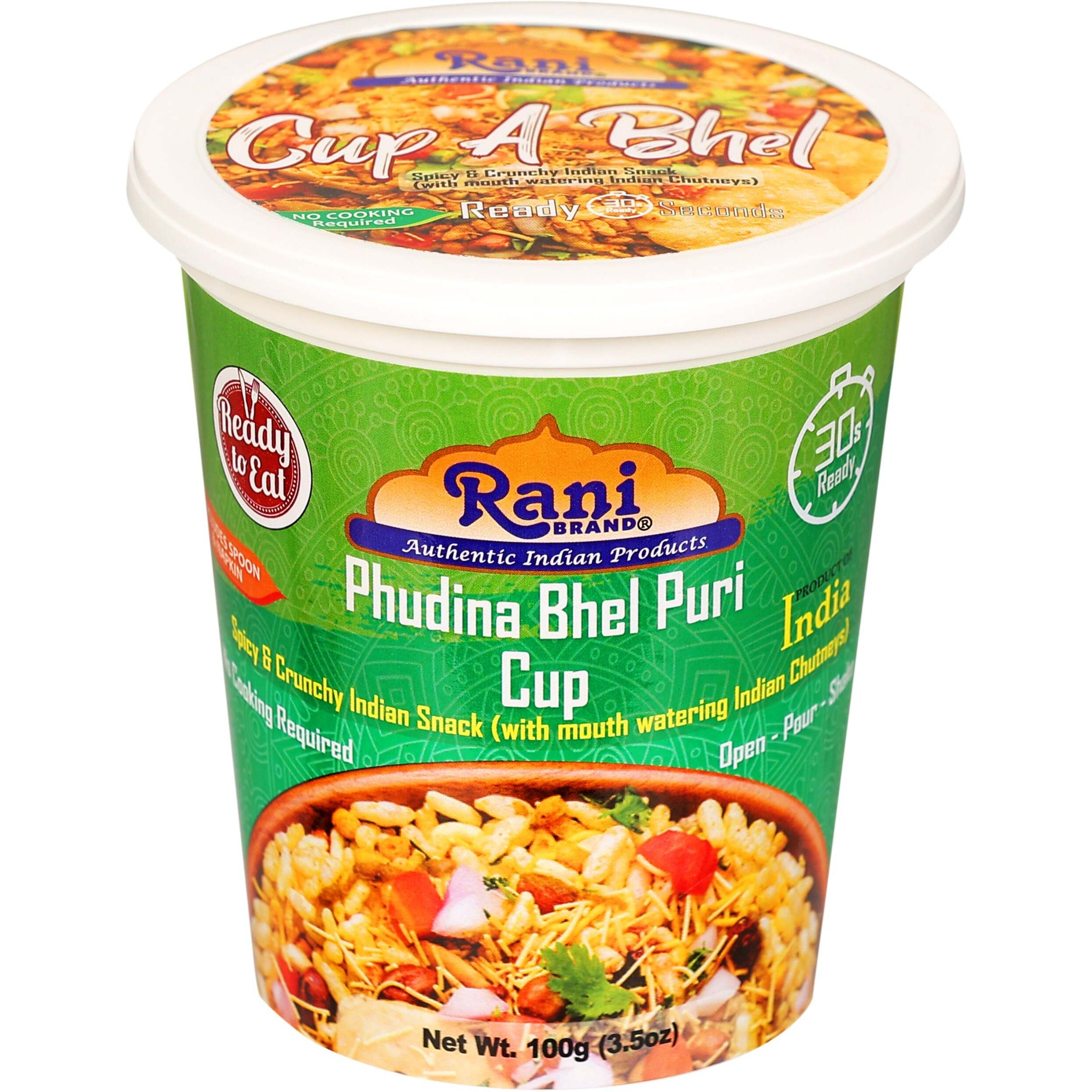 Rani Bhel Puri Cups 5 Flavors-in-1 Set (Regular, Roasty, Mango, Schezuan, Pudina) 3.5oz (100g), Pack of 5 ~ Spicy & Crunchy Indian Snack, Ready to Eat, Vegan, NON-GMO, Indian Origin
