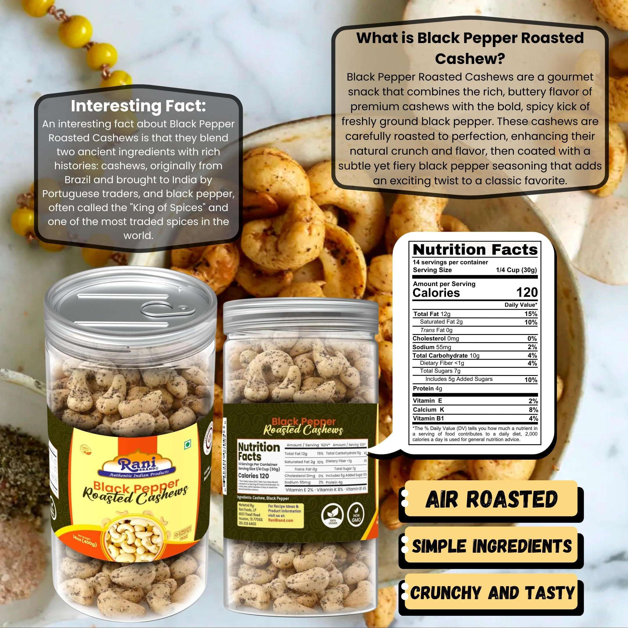 Rani Black Pepper Roasted Cashews 14oz (400g) PET Jar, Non-Fried, Oil Free ~ All Natural, Vegan, Gluten Friendly, NON-GMO, Kosher, Air Roasted, Crunchy & Flavorful