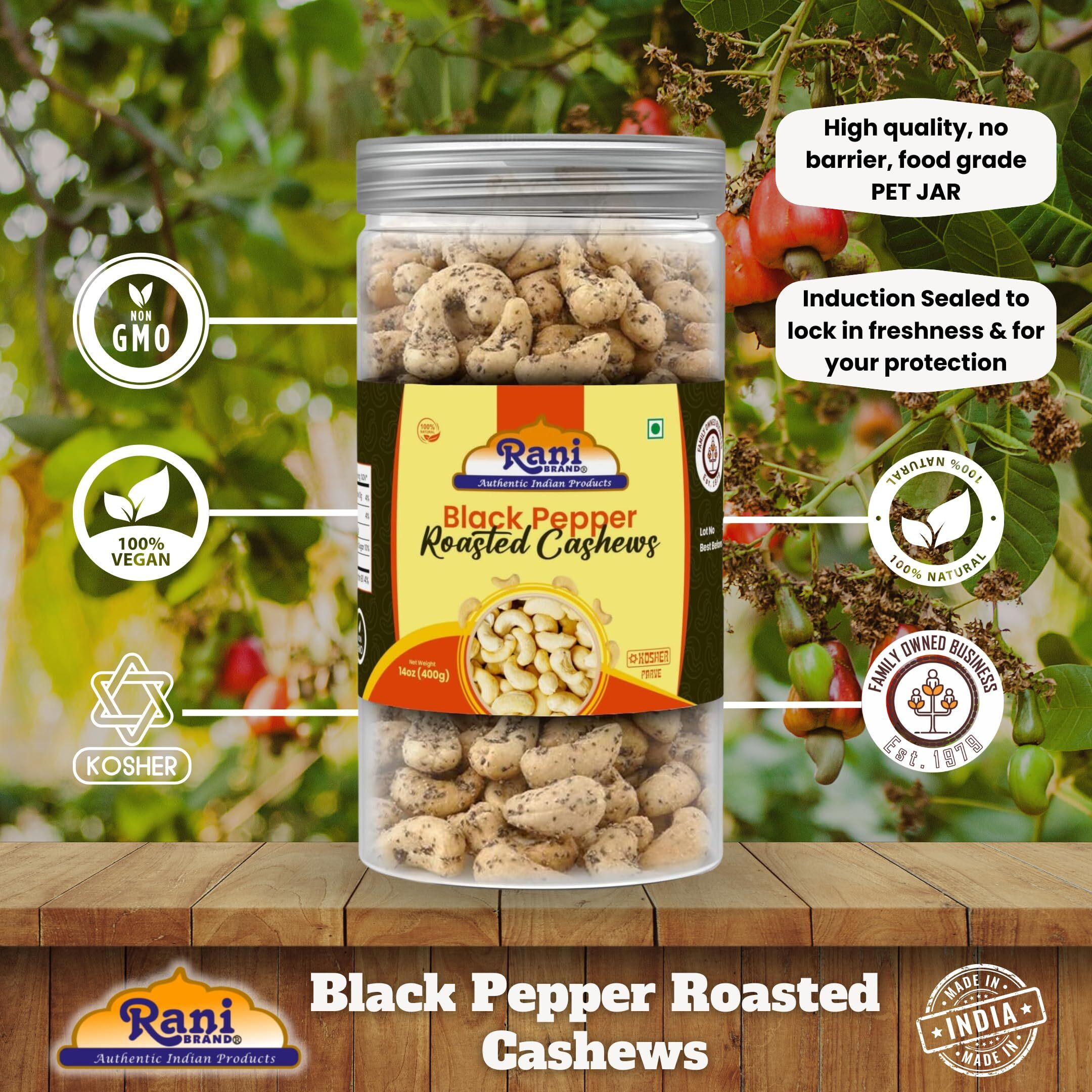 Rani Black Pepper Roasted Cashews 14oz (400g) PET Jar, Non-Fried, Oil Free ~ All Natural, Vegan, Gluten Friendly, NON-GMO, Kosher, Air Roasted, Crunchy & Flavorful