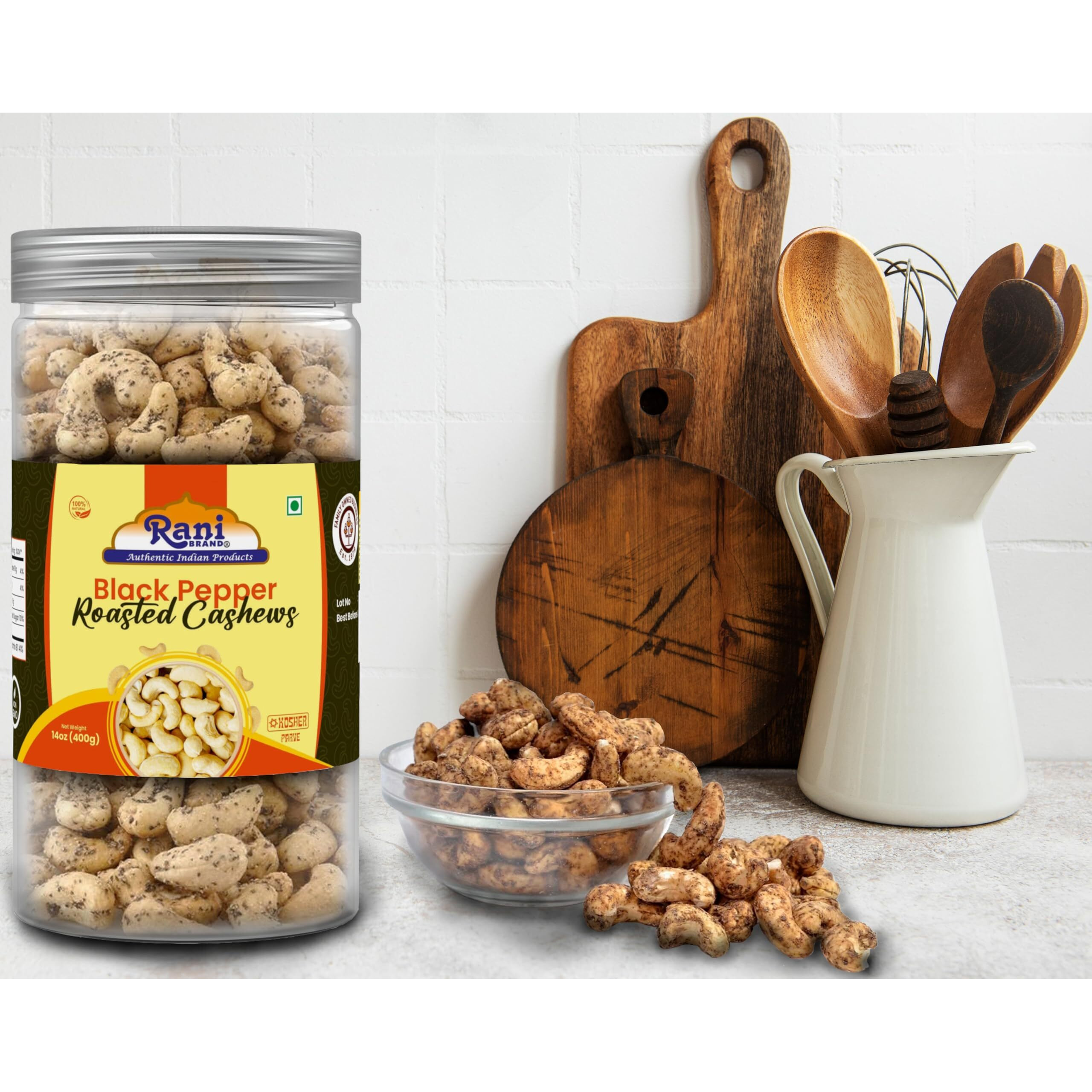 Rani Black Pepper Roasted Cashews 14oz (400g) PET Jar, Non-Fried, Oil Free ~ All Natural, Vegan, Gluten Friendly, NON-GMO, Kosher, Air Roasted, Crunchy & Flavorful